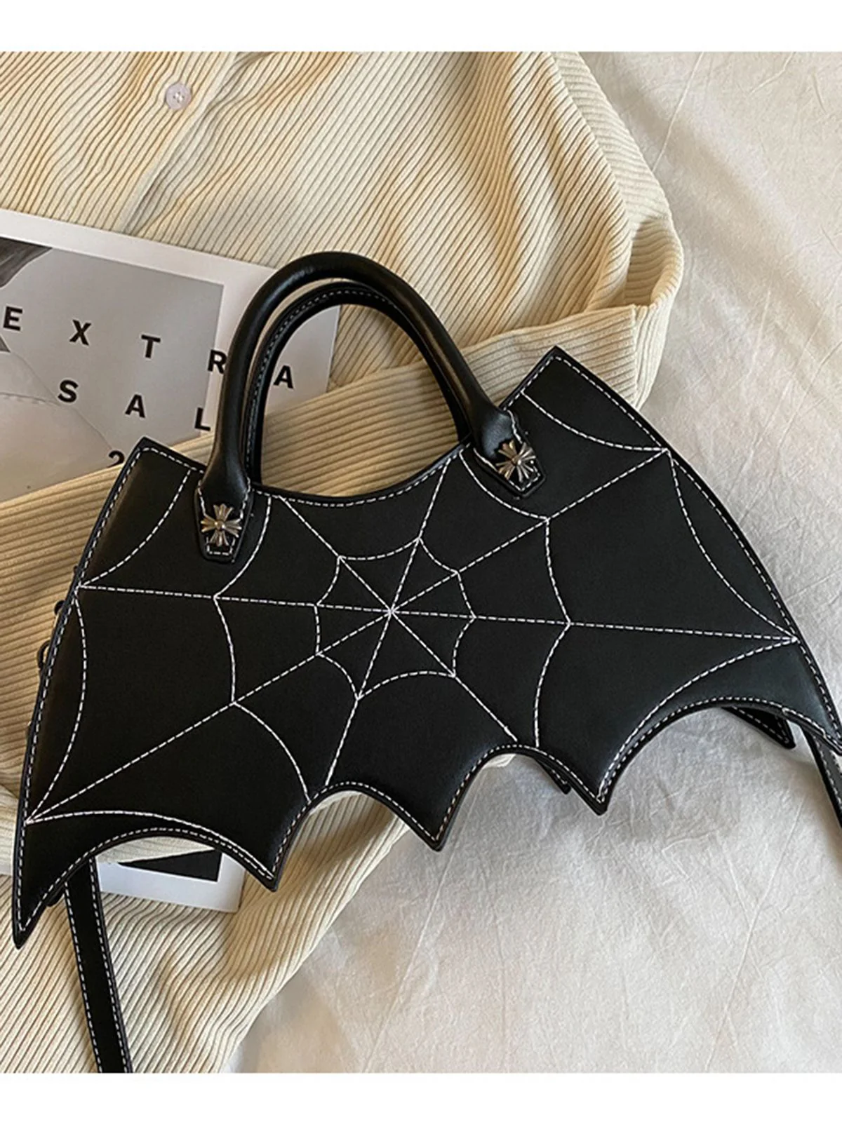 Retro Schwarz Halloween Fledermausform Spinnennetz Handtasche - Image 3
