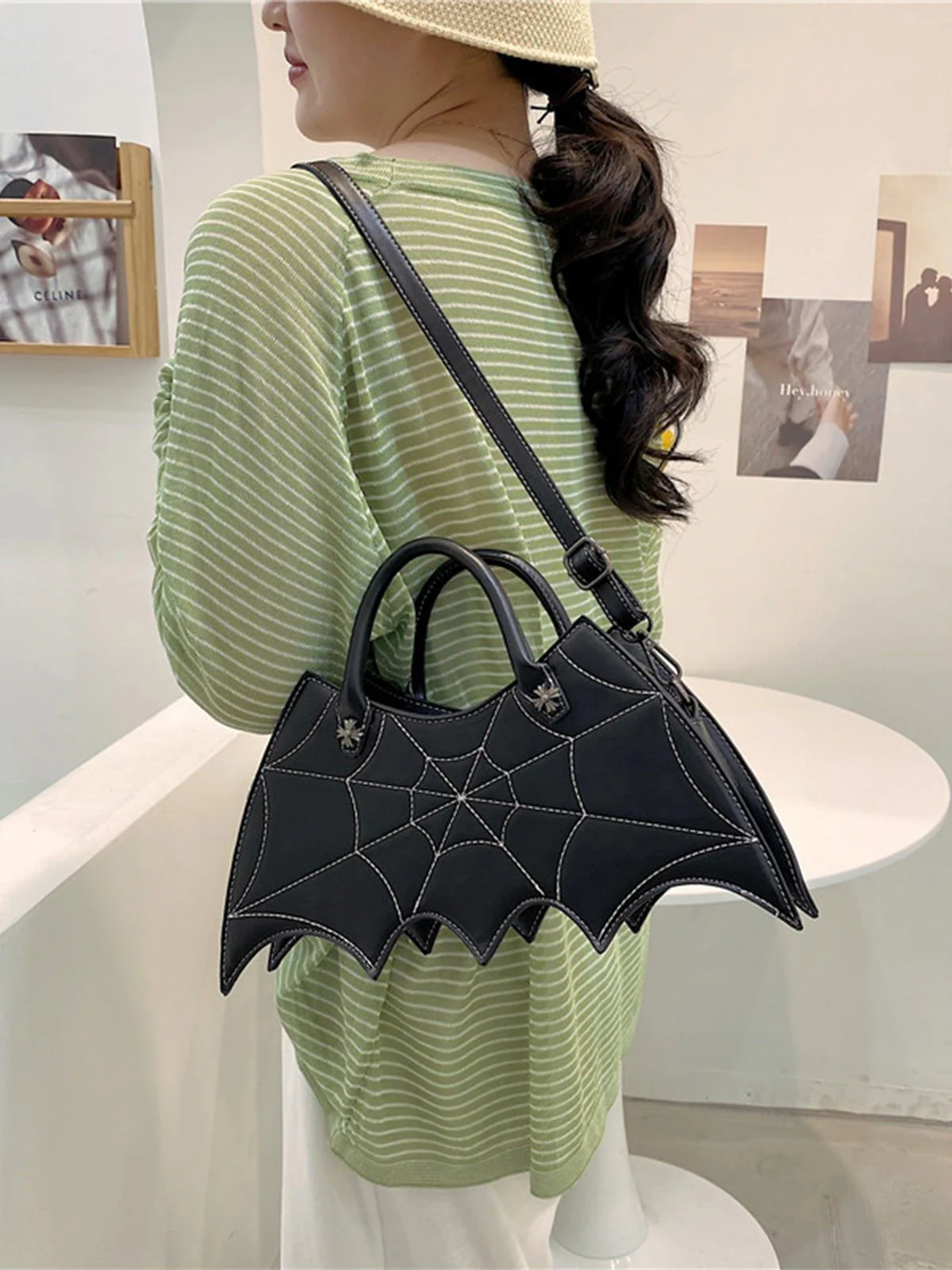 Retro Schwarz Halloween Fledermausform Spinnennetz Handtasche - Image 5