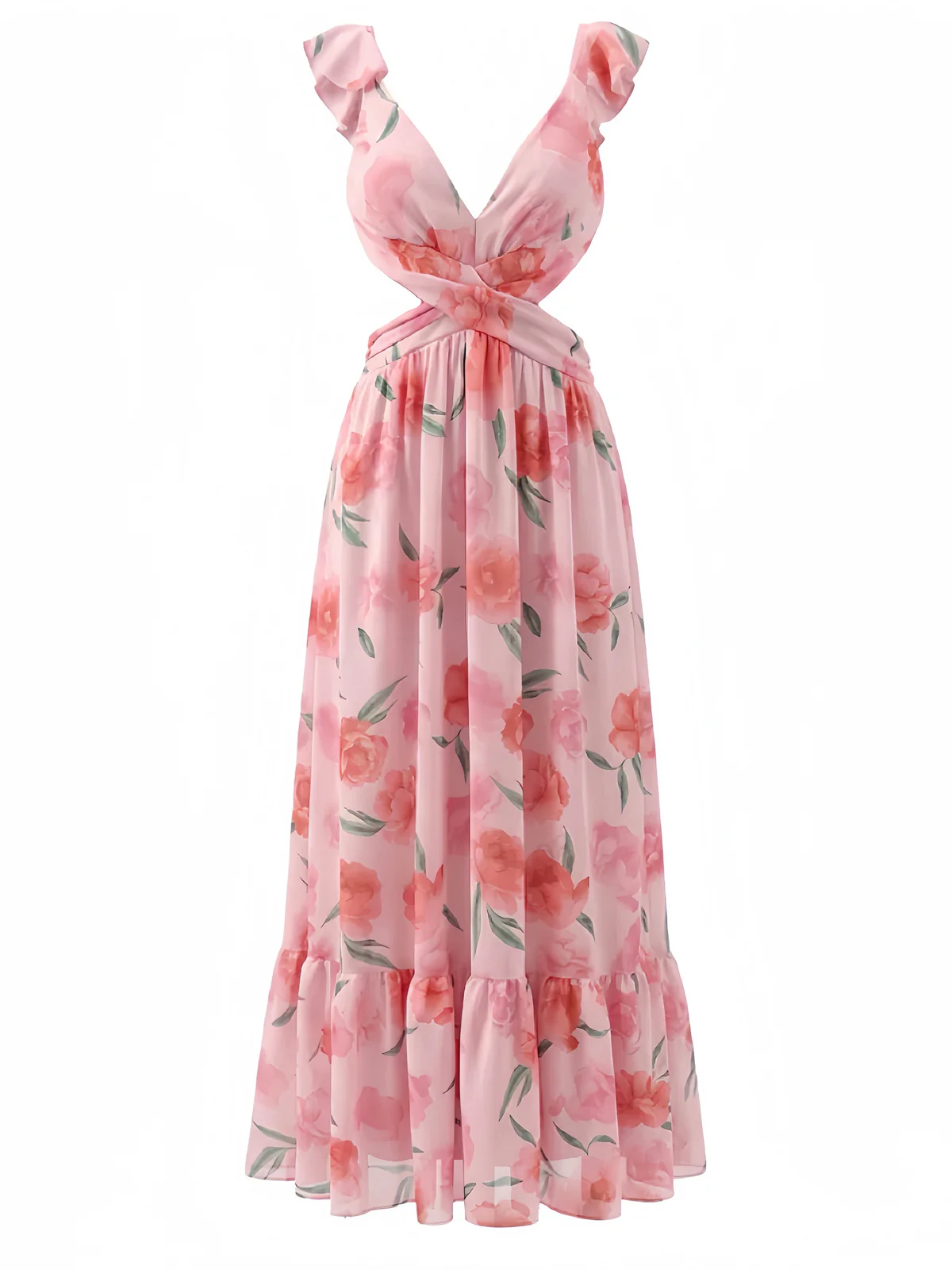 Rosa 1930er Blumen Chiffon Tiefer V-Ausschnitt Rückenfrei Maxi Kleid - Image 2