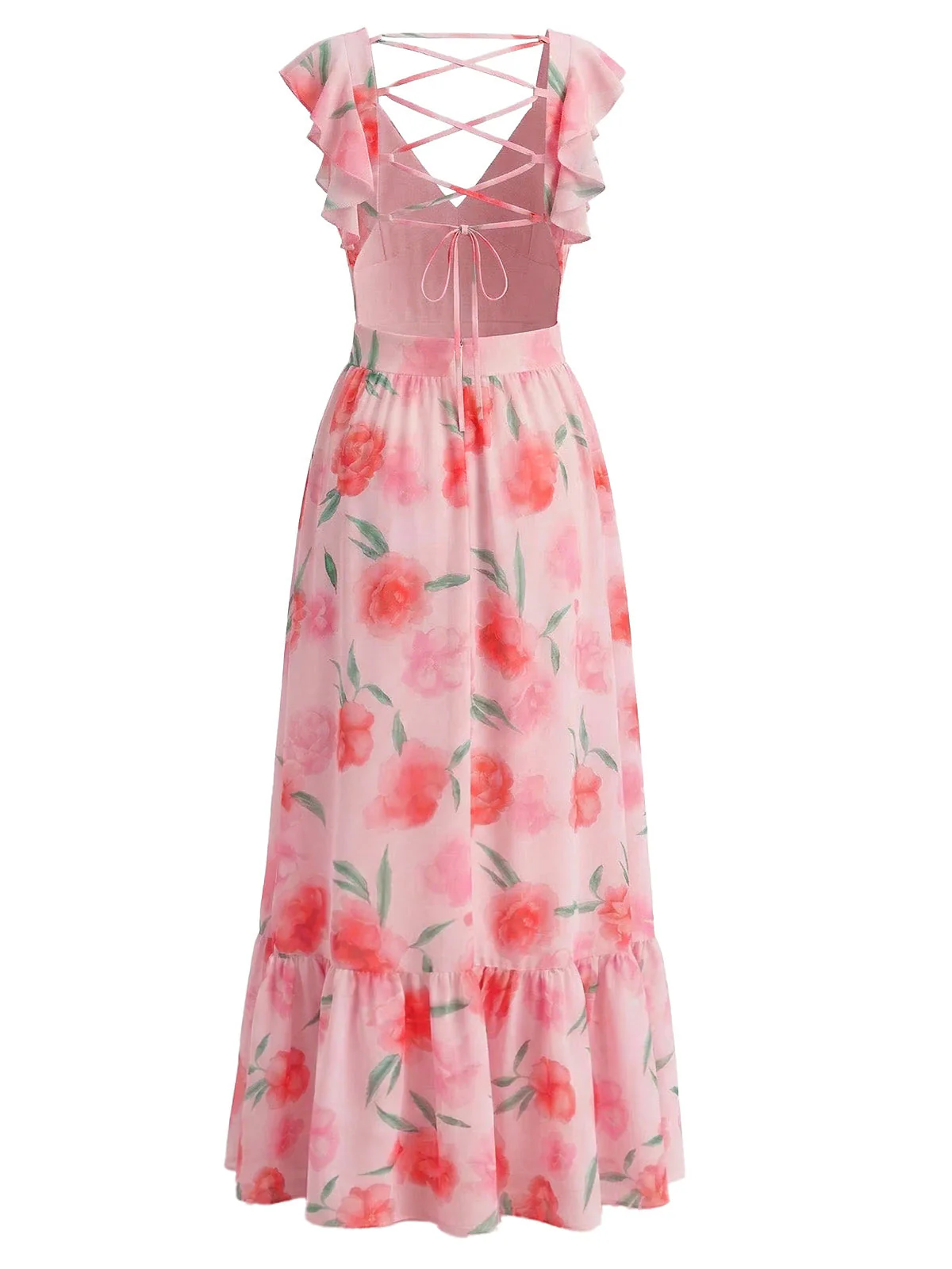 Rosa 1930er Blumen Chiffon Tiefer V-Ausschnitt Rückenfrei Maxi Kleid - Image 3