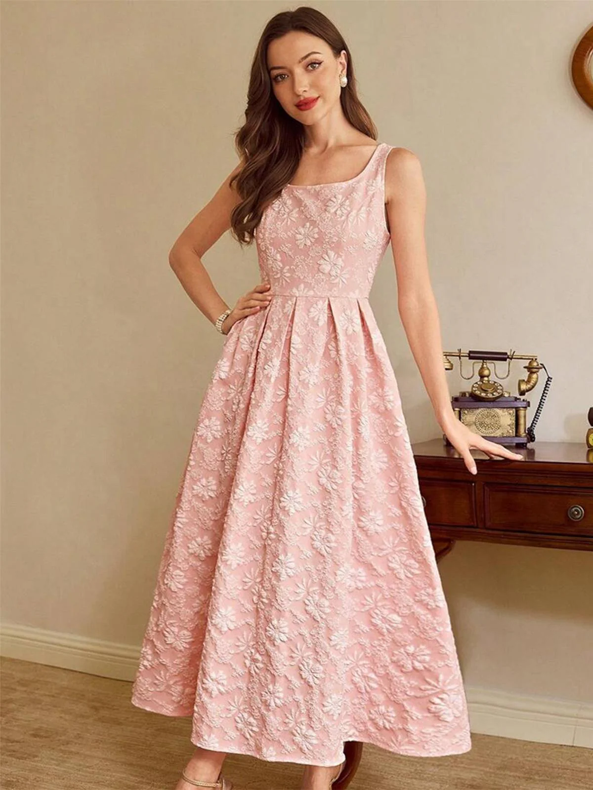 Rosa 1930er Blumen Jacquard Ärmellos Maxi Kleid - Image 2