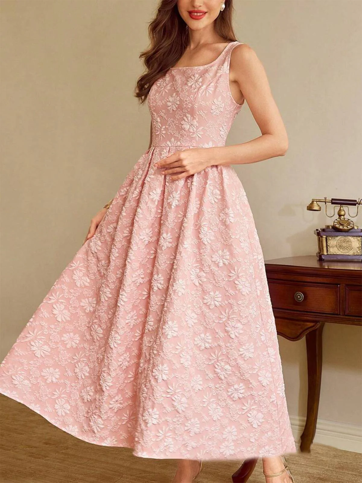 Rosa 1930er Blumen Jacquard Ärmellos Maxi Kleid - Image 4