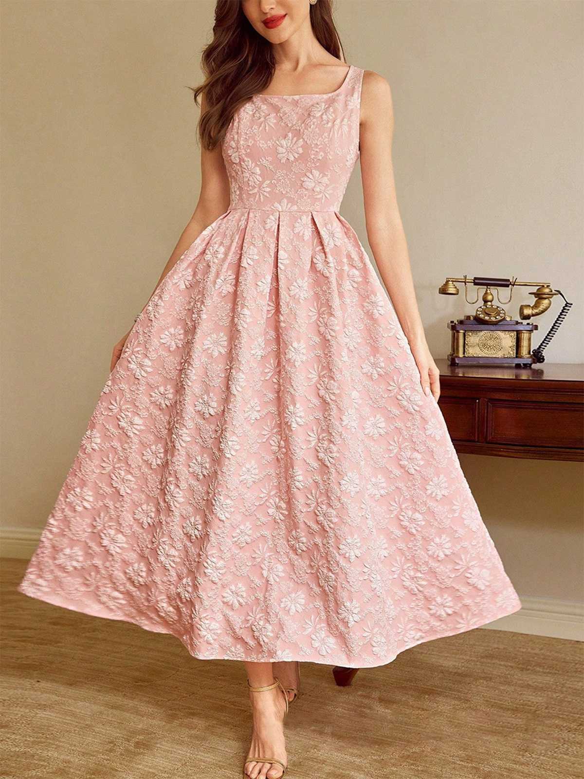 Rosa 1930er Blumen Jacquard Ärmellos Maxi Kleid - Image 5