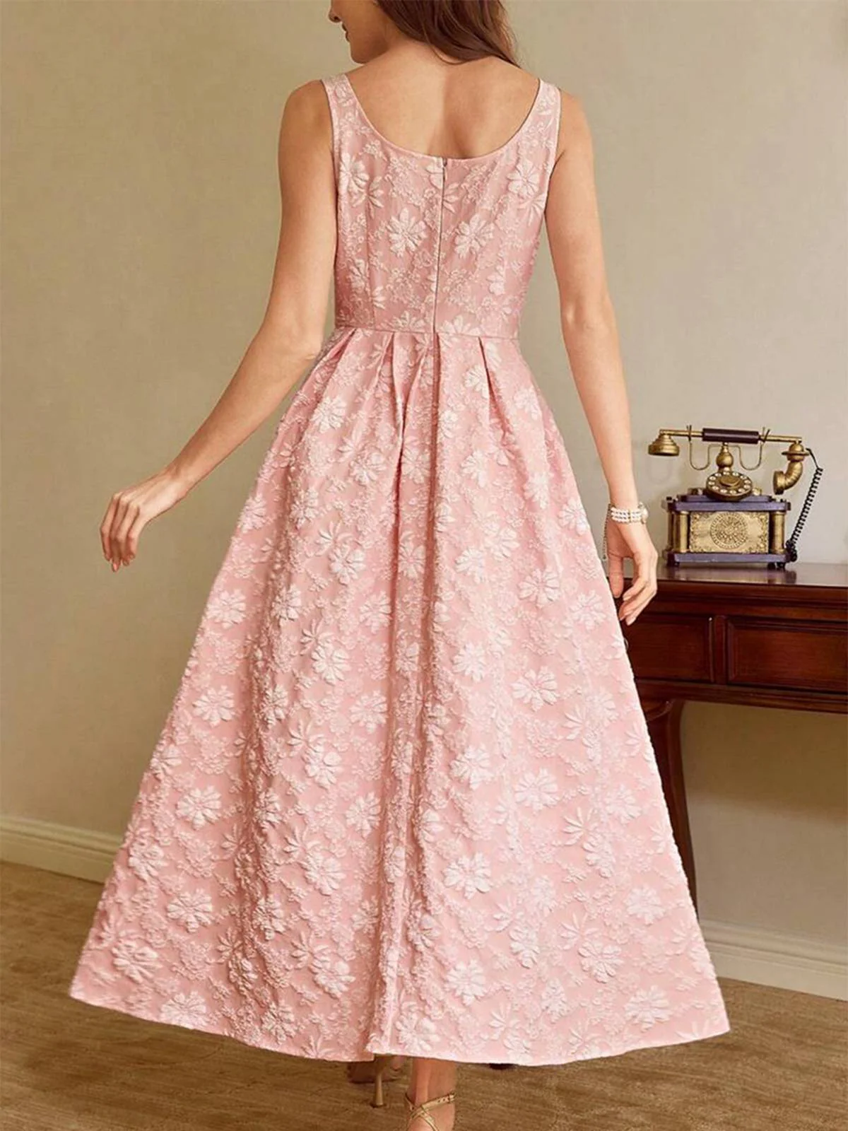 Rosa 1930er Blumen Jacquard Ärmellos Maxi Kleid - Image 7