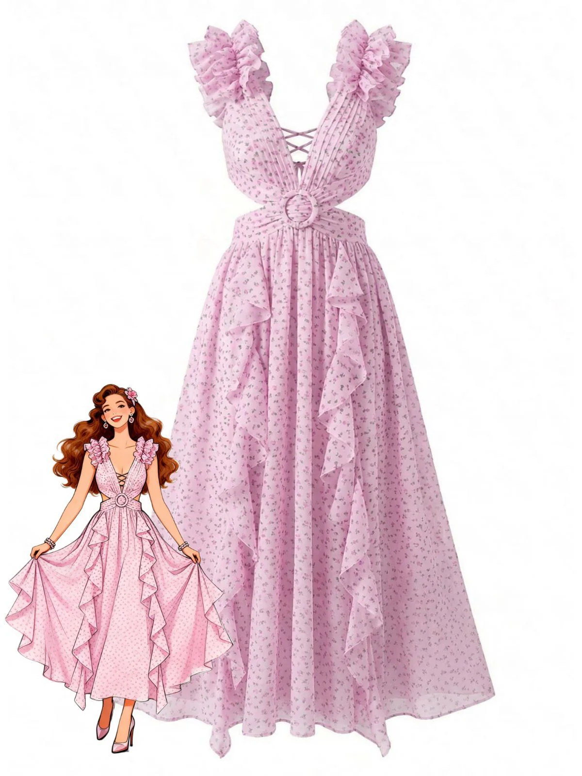 Rosa 1930er Blumen Rüschen Chiffon V-Ausschnitt Cutout Kleid