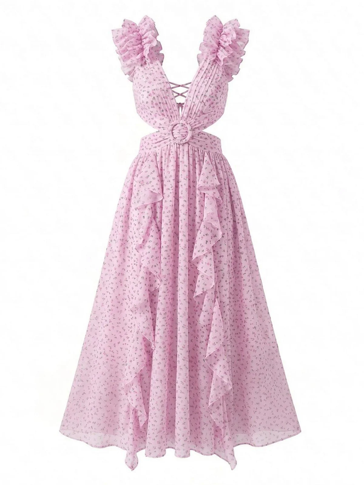 Rosa 1930er Blumen Rüschen Chiffon V-Ausschnitt Cutout Kleid - Image 2