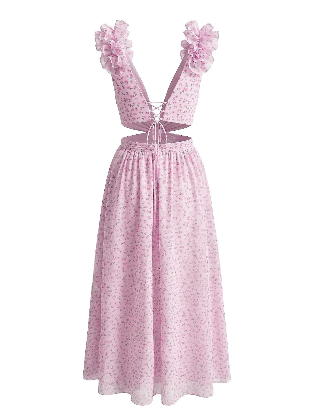 Rosa 1930er Blumen Rüschen Chiffon V-Ausschnitt Cutout Kleid - Image 3