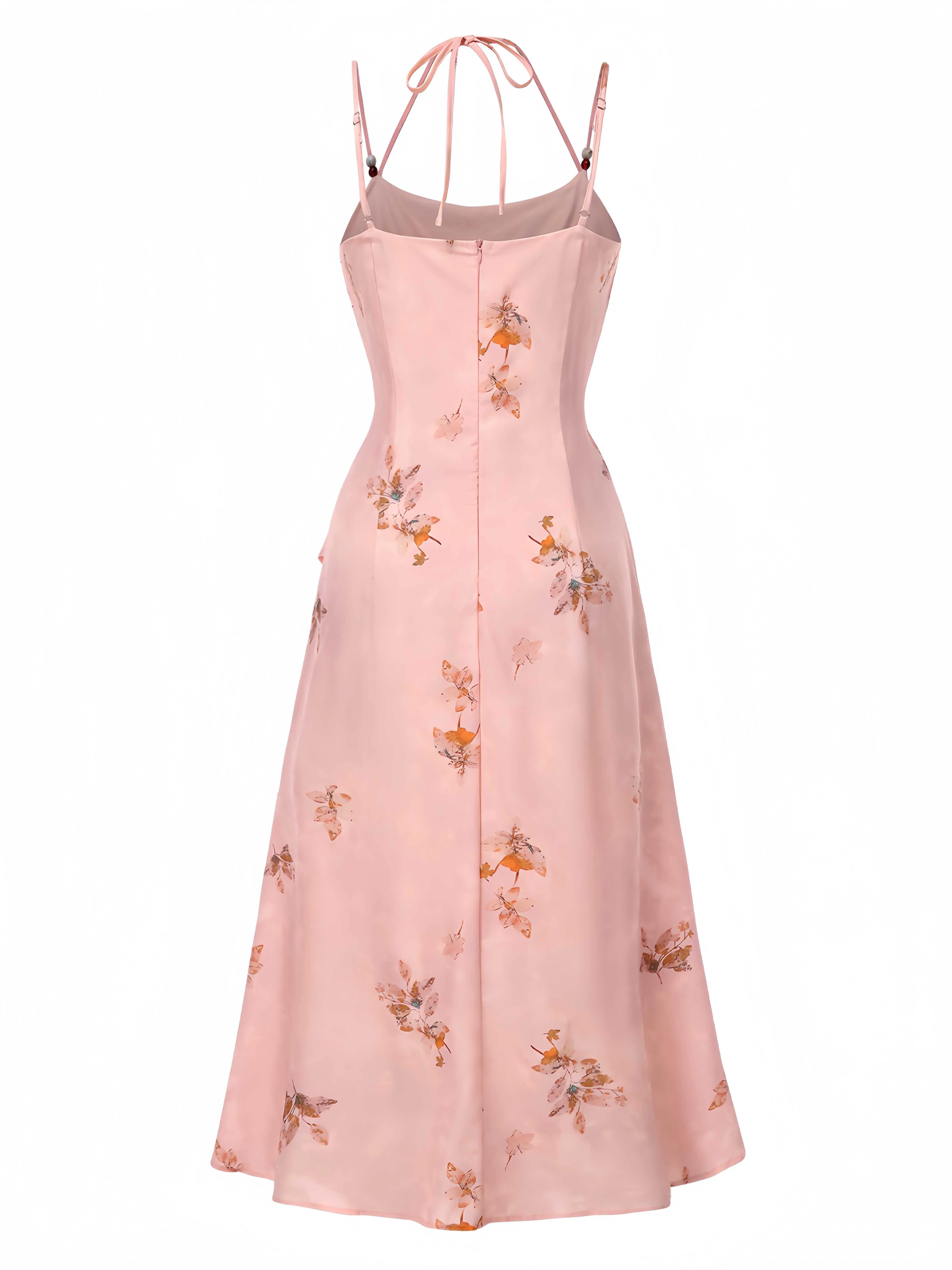 Rosa 1930er Halter Träger Blumen Satin Kleid - Image 2