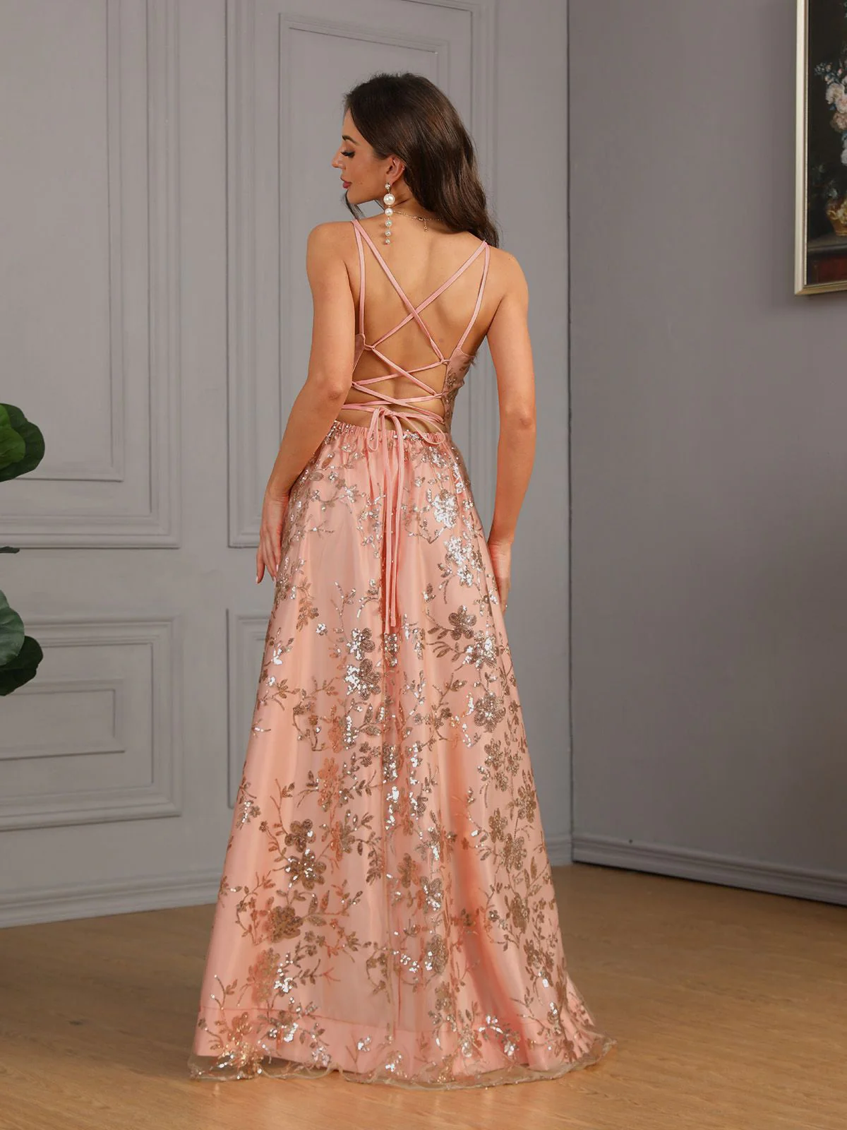 Rosa 1930er Pailletten Blumen Netz Hoher Schlitz Kleid - Image 2