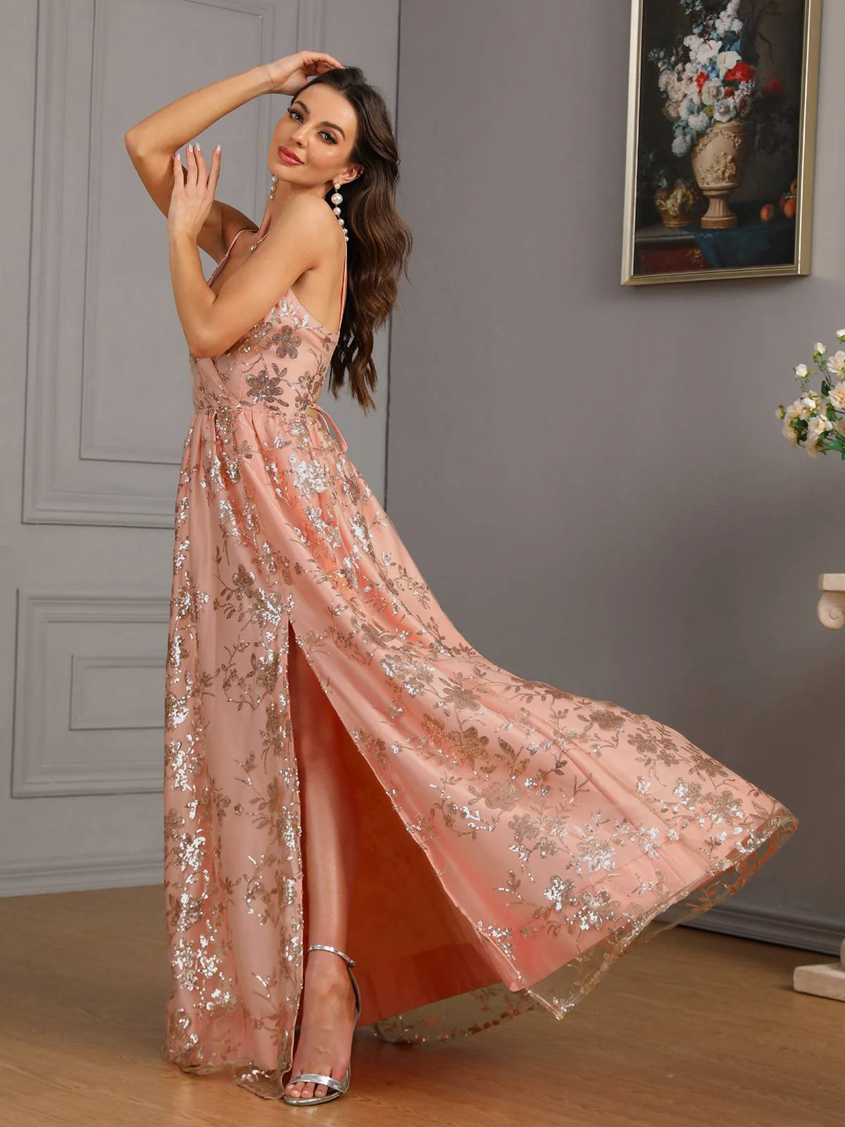 Rosa 1930er Pailletten Blumen Netz Hoher Schlitz Kleid - Image 3