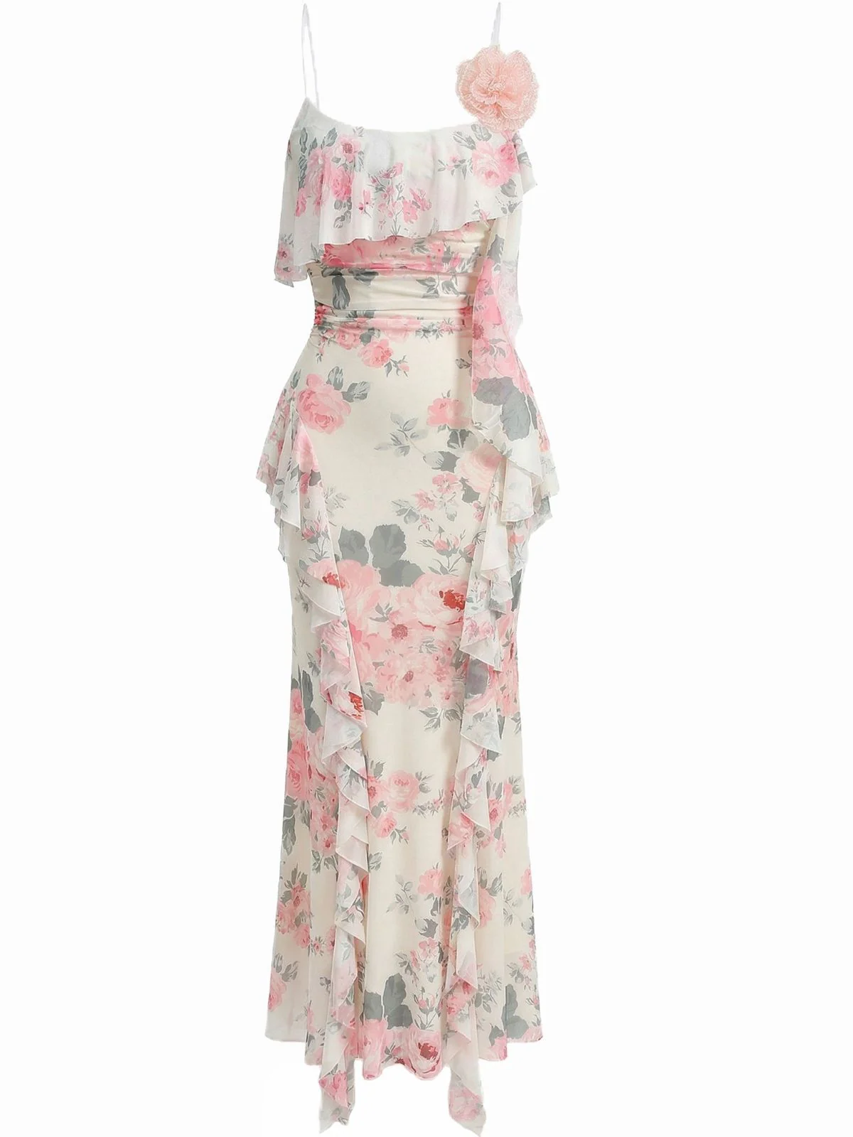 Rosa 1930er Slip 3D Blumen Rüschen Netz Maxi Kleid - Image 2
