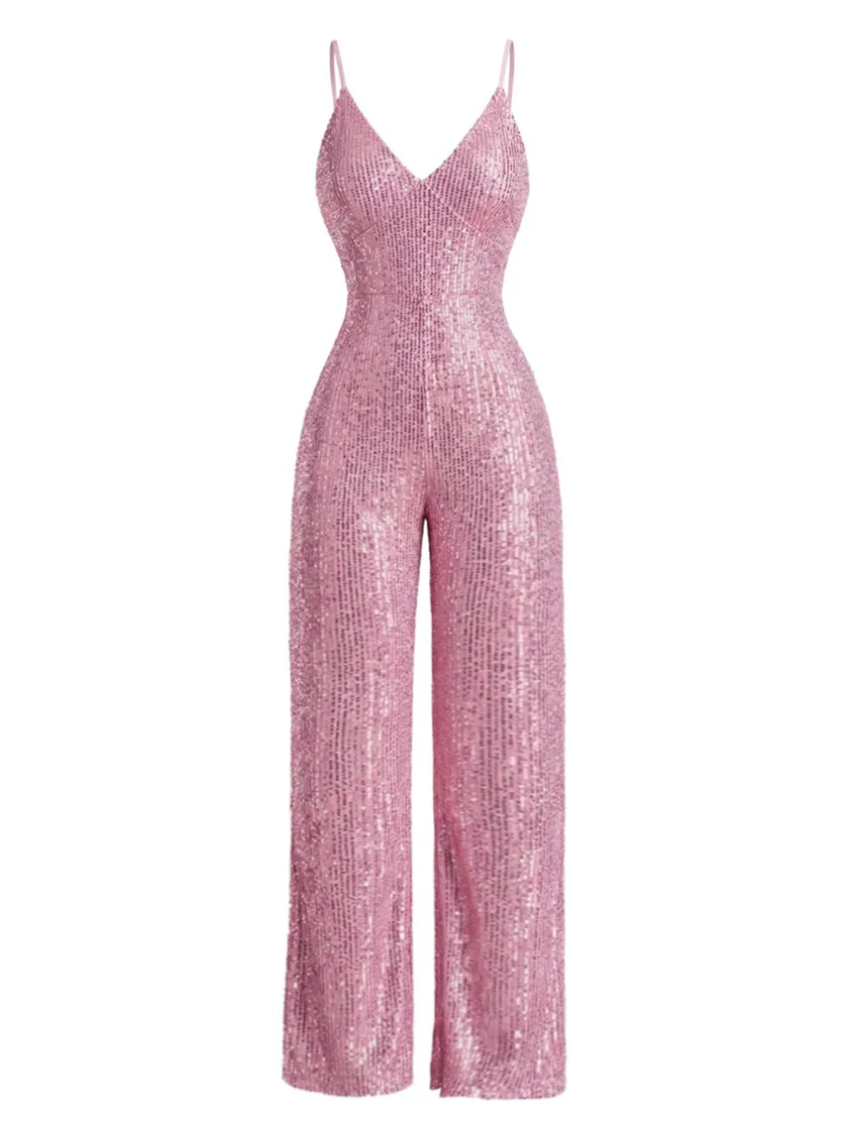 Rosa 1930er V-Ausschnitt Spaghetti Träger Pailletten Jumpsuit - Image 2