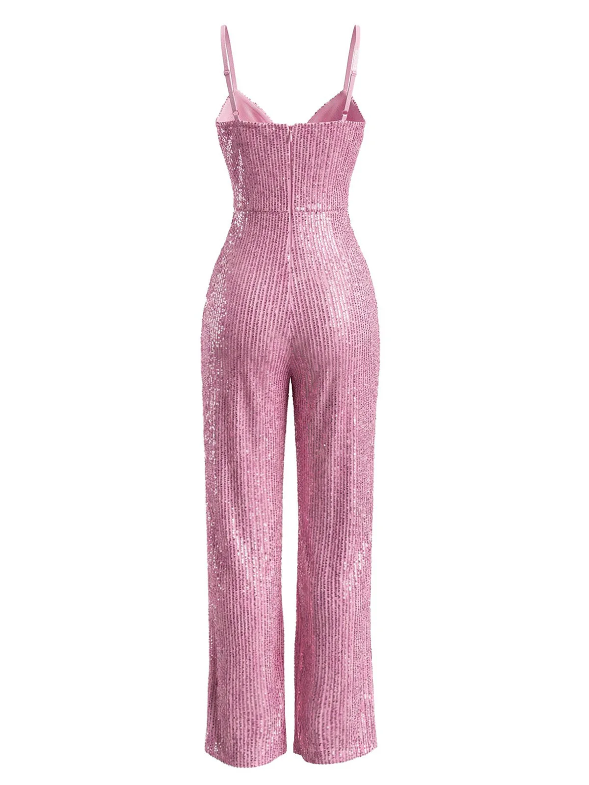 Rosa 1930er V-Ausschnitt Spaghetti Träger Pailletten Jumpsuit - Image 3