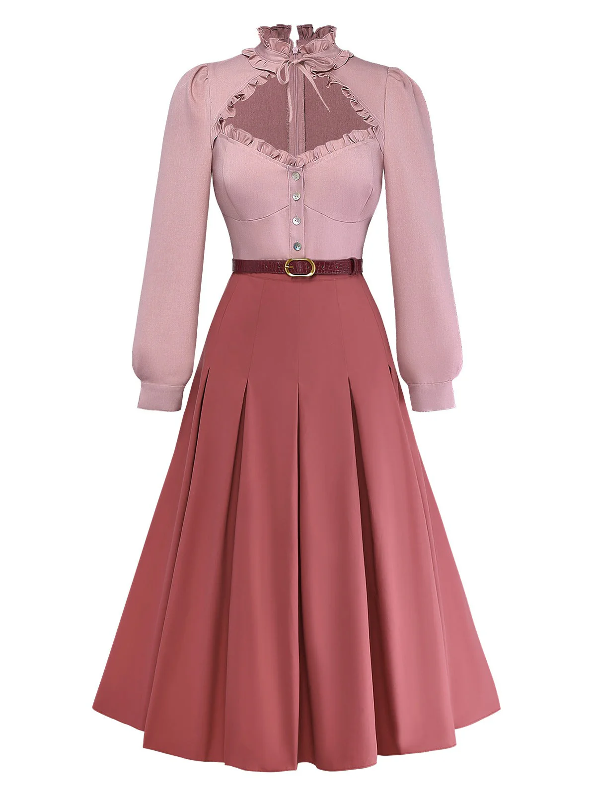 Rosa 1940er Baumwolle Schlüsselloch Rüschen Kleid - Image 2