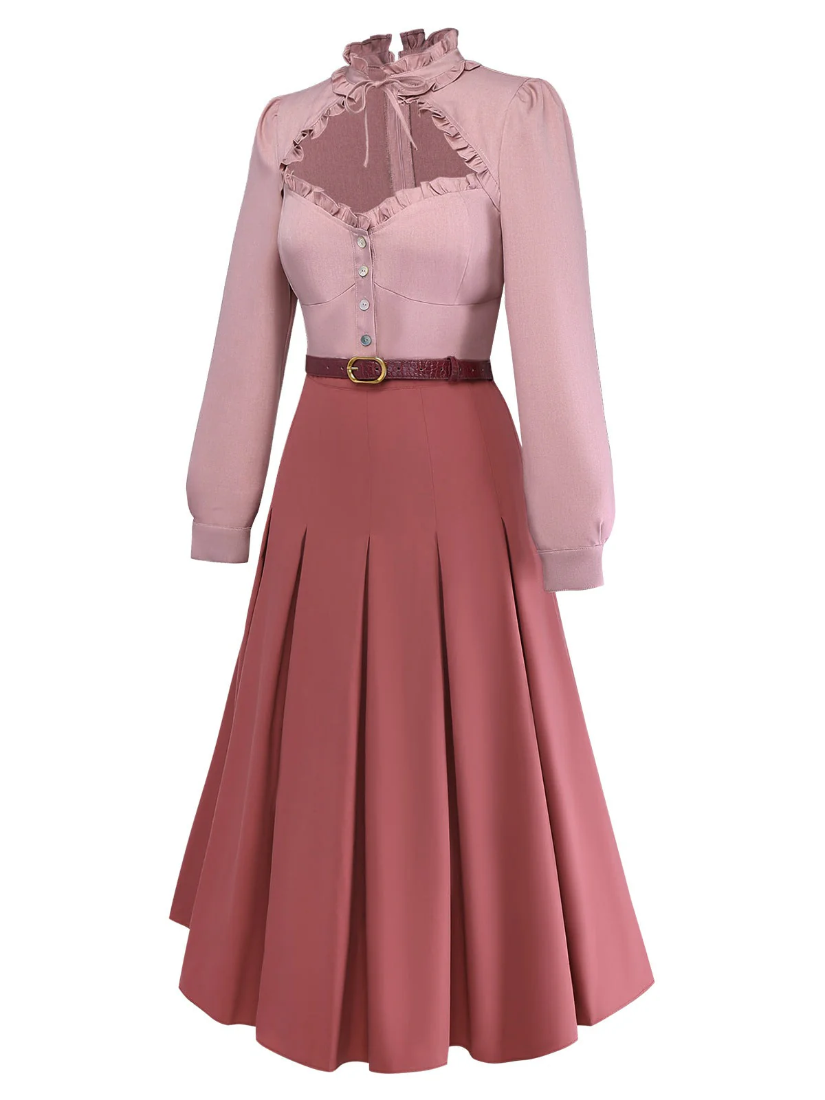 Rosa 1940er Baumwolle Schlüsselloch Rüschen Kleid - Image 3