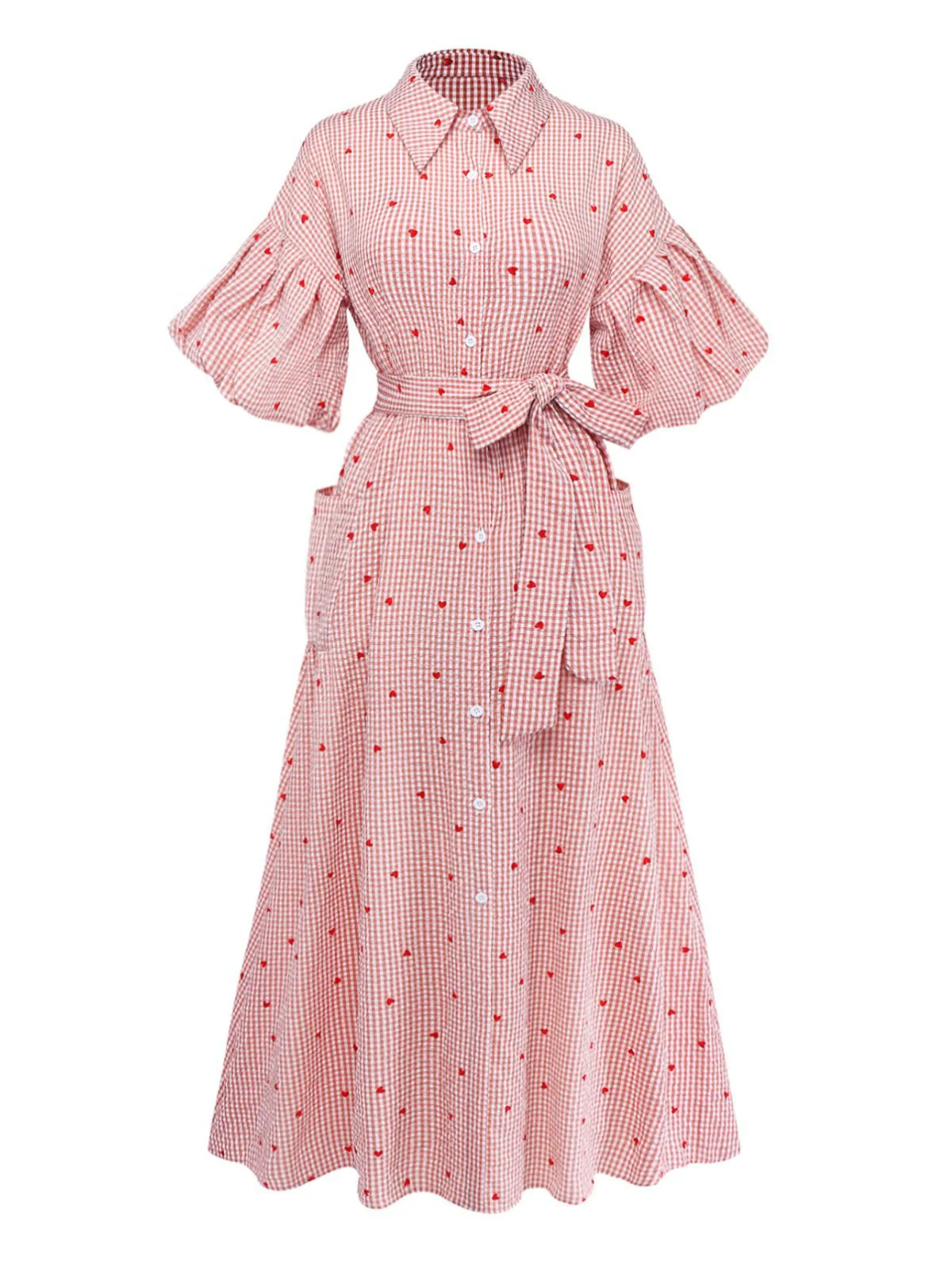 Rosa 1940er Kariert Herz Laternenärmel Gürtel Kleid - Image 2