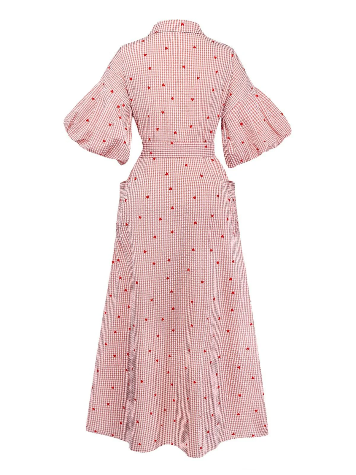 Rosa 1940er Kariert Herz Laternenärmel Gürtel Kleid - Image 3