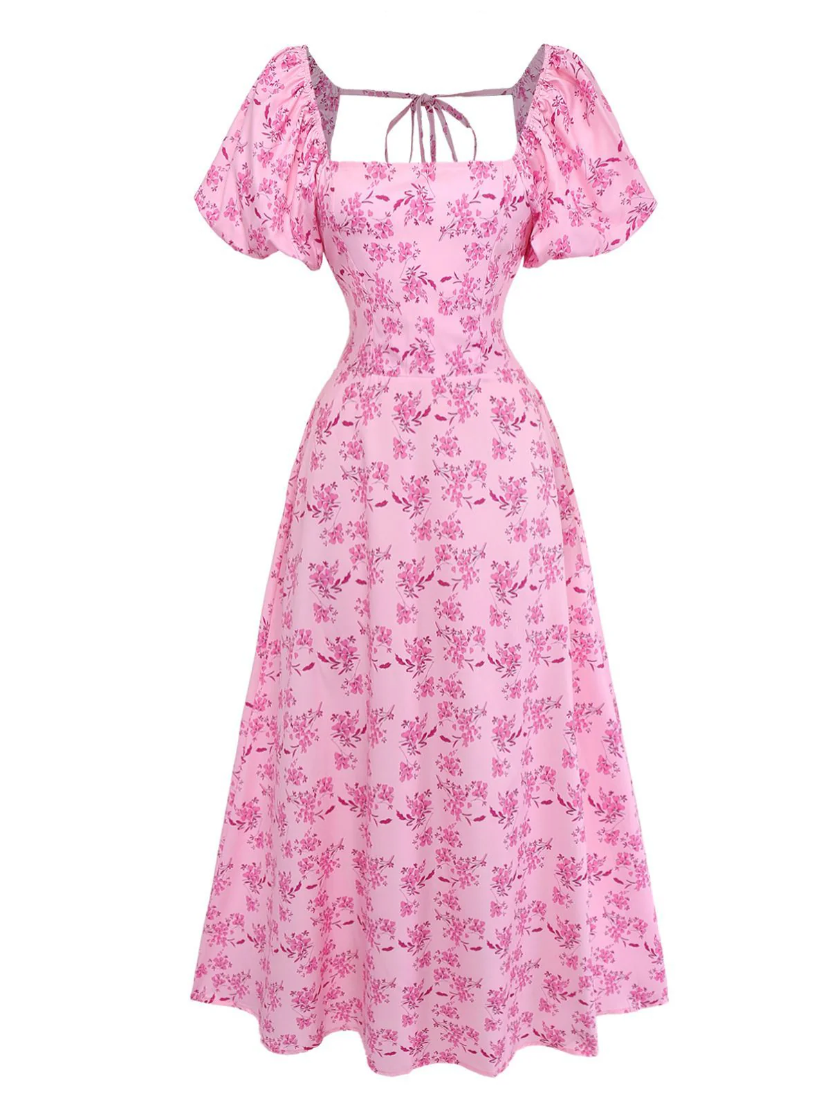 Rosa 1940er Quadratischer Ausschnitt Puffärmel Blumen Kleid - Image 2