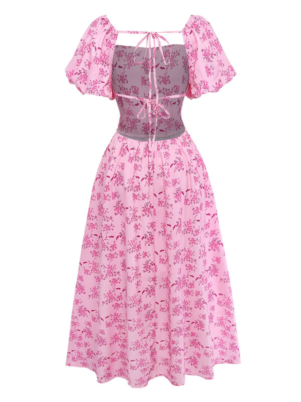 Rosa 1940er Quadratischer Ausschnitt Puffärmel Blumen Kleid - Image 3