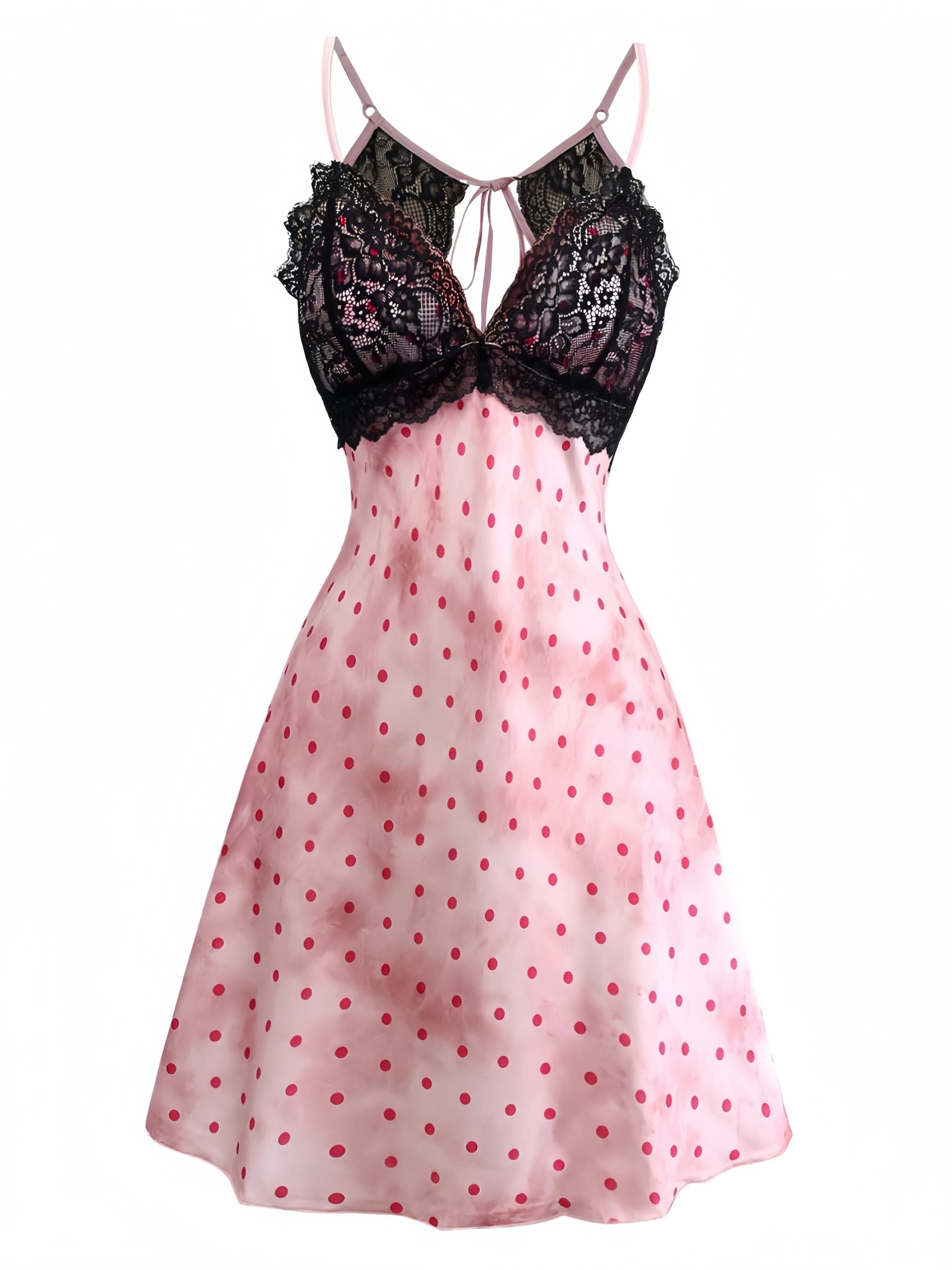 Rosa 1940er Satin Polka Dot Spitze Besatz Rückenfrei Nachthemd - Image 2