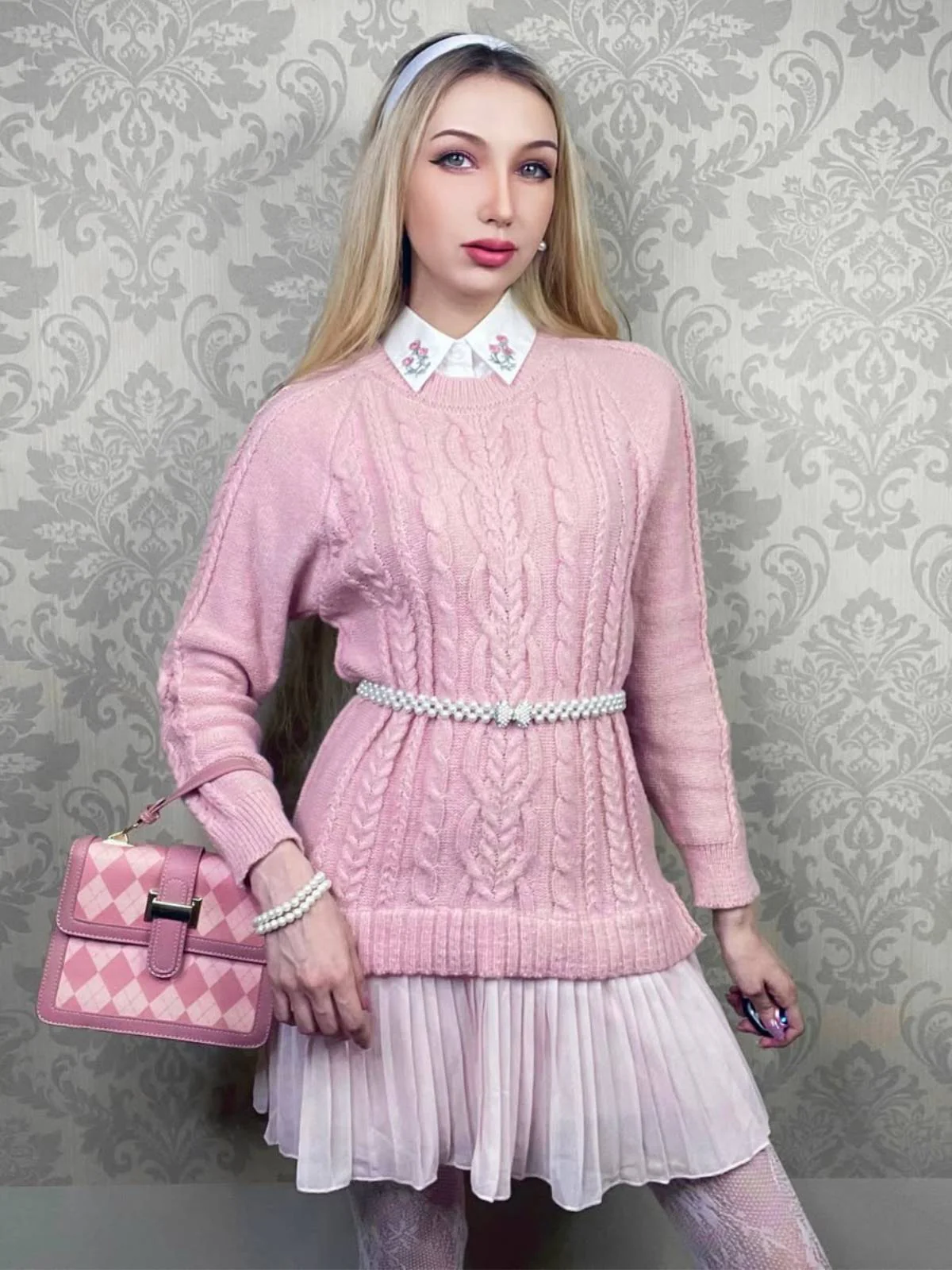 Rosa 1940er Solide Zopf Stricken Plissiertes Saum Pullover Kleid