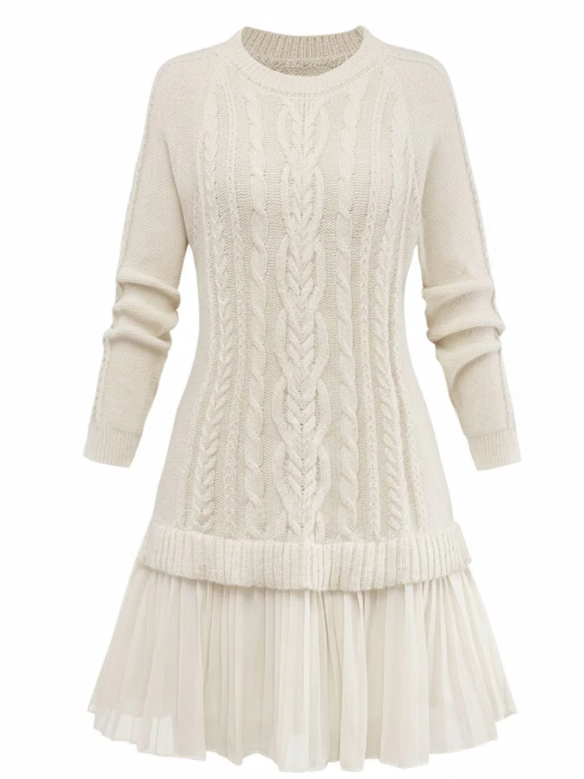 Beige 1940er Solide Zopf Stricken Plissiertes Saum Pullover Kleid - Image 2