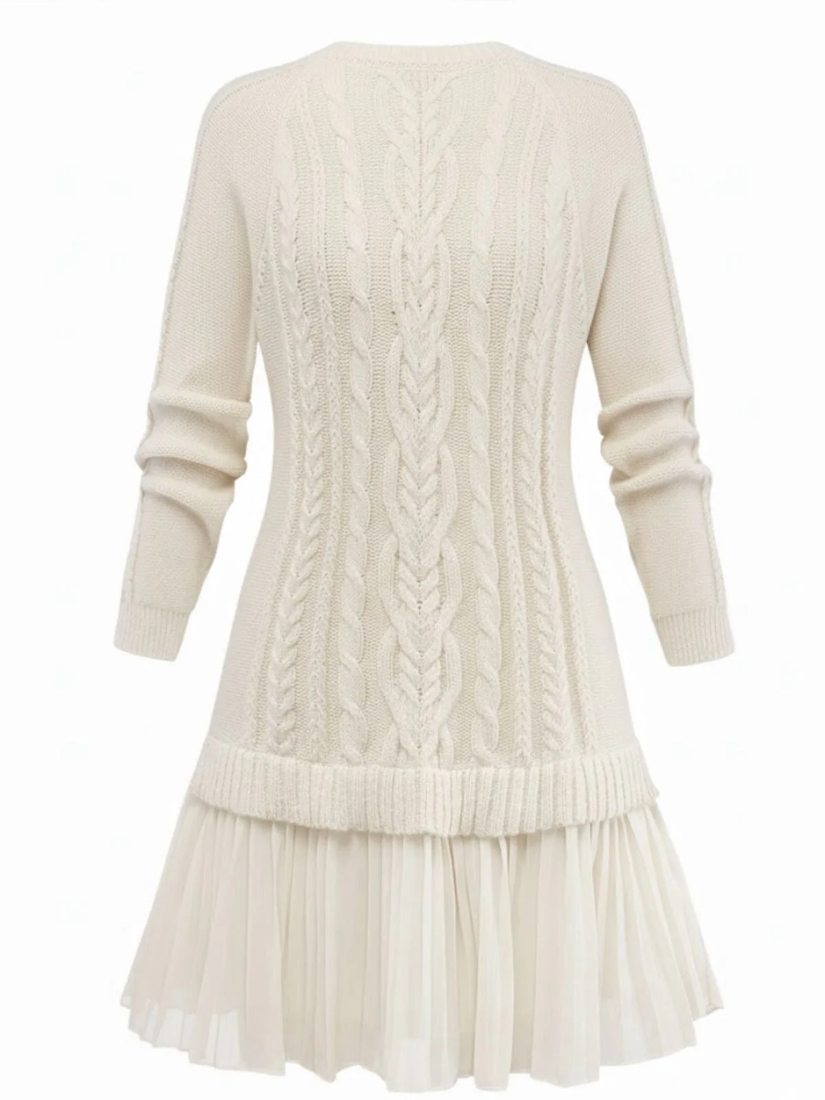 Beige 1940er Solide Zopf Stricken Plissiertes Saum Pullover Kleid - Image 3