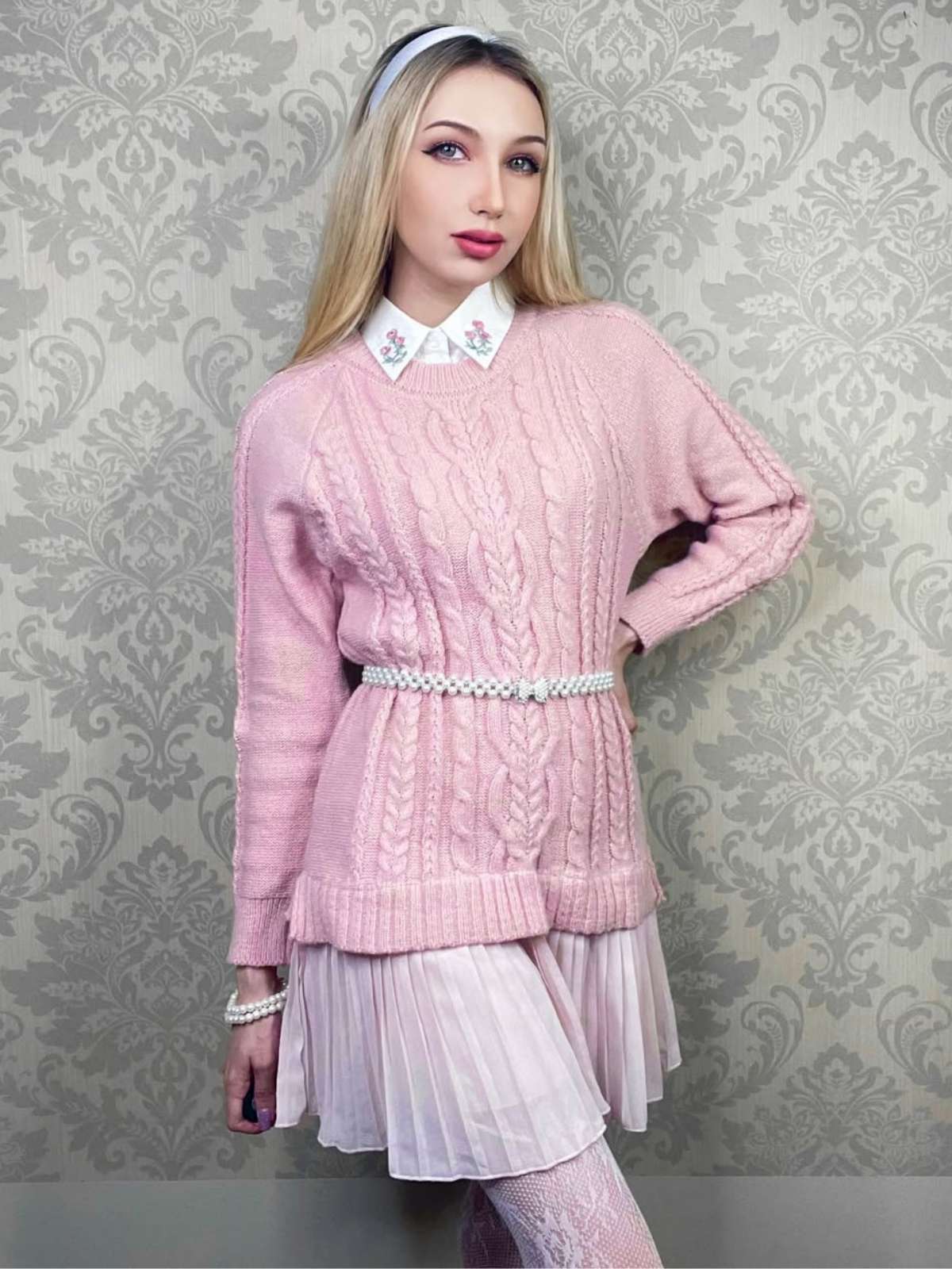Rosa 1940er Solide Zopf Stricken Plissiertes Saum Pullover Kleid - Image 2