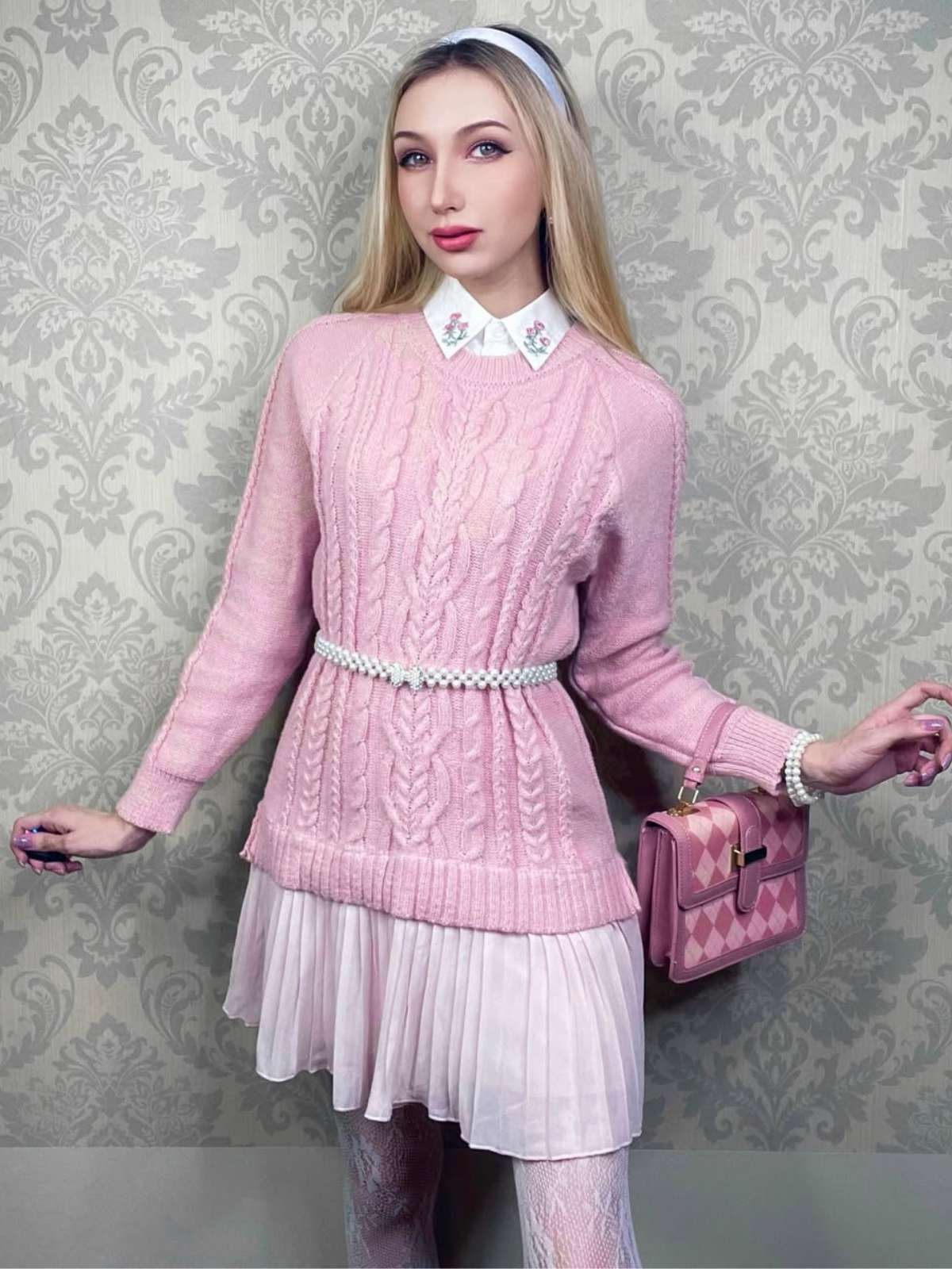 Rosa 1940er Solide Zopf Stricken Plissiertes Saum Pullover Kleid - Image 3