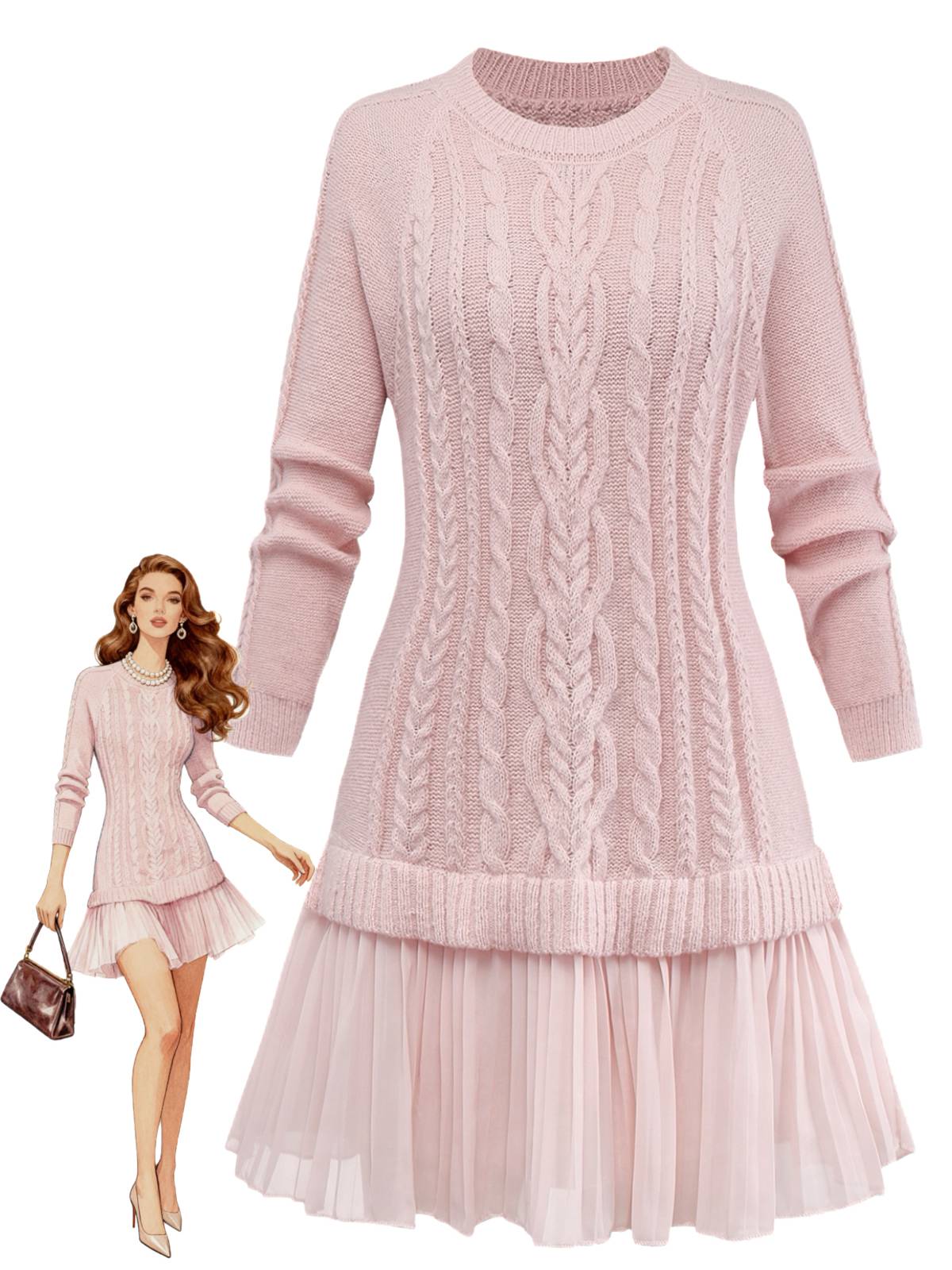 Beige 1940er Solide Zopf Stricken Plissiertes Saum Pullover Kleid - Image 4