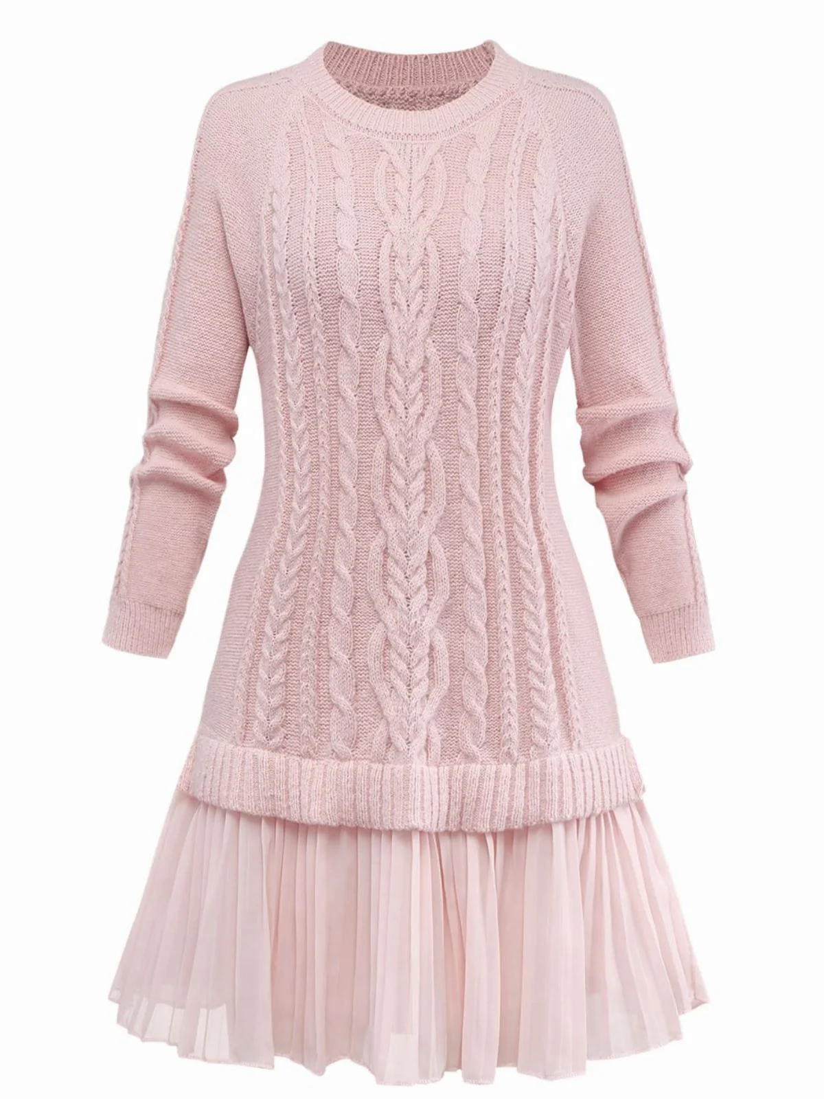 Beige 1940er Solide Zopf Stricken Plissiertes Saum Pullover Kleid - Image 5