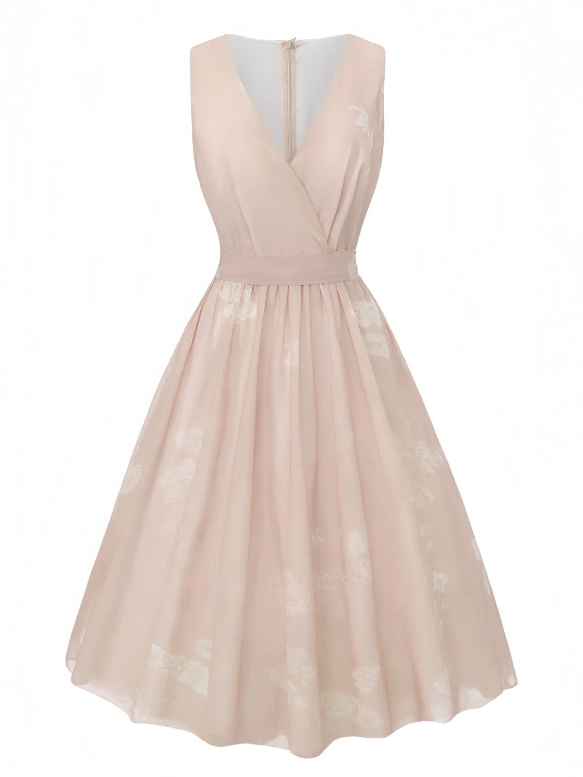 Rosa 1940er V-Ausschnitt Blumen Gürtel Ärmelloses Kleid - Image 2