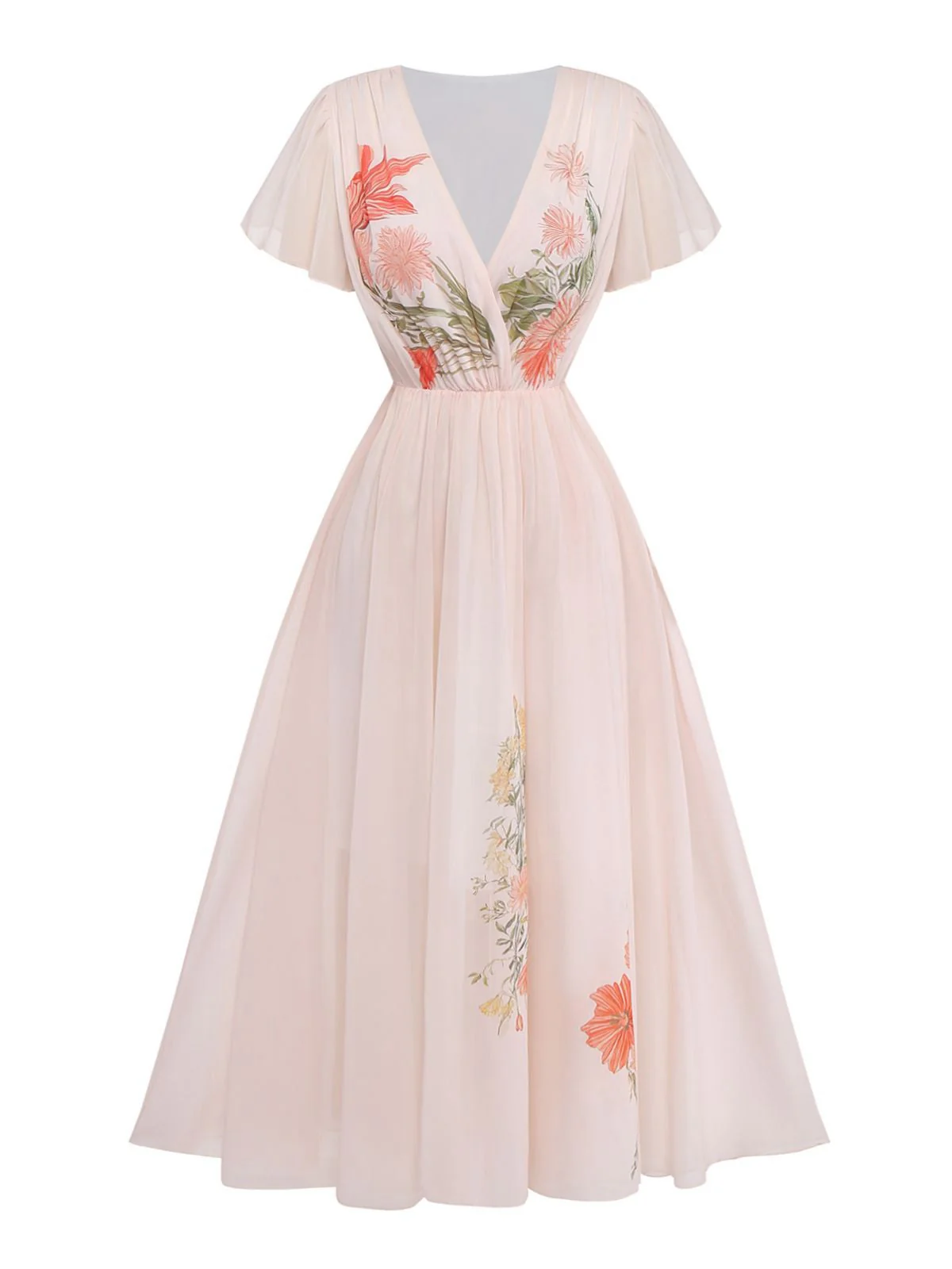 [Vorverkauf] Rosa 1940er V-Ausschnitt Rüschen Ärmel Blumen Druck Kleid - Image 2