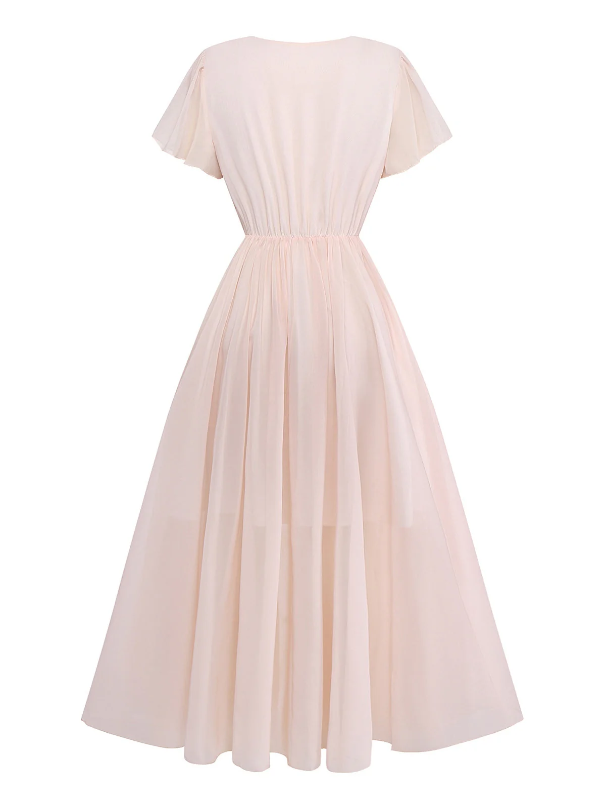 [Vorverkauf] Rosa 1940er V-Ausschnitt Rüschen Ärmel Blumen Druck Kleid - Image 3