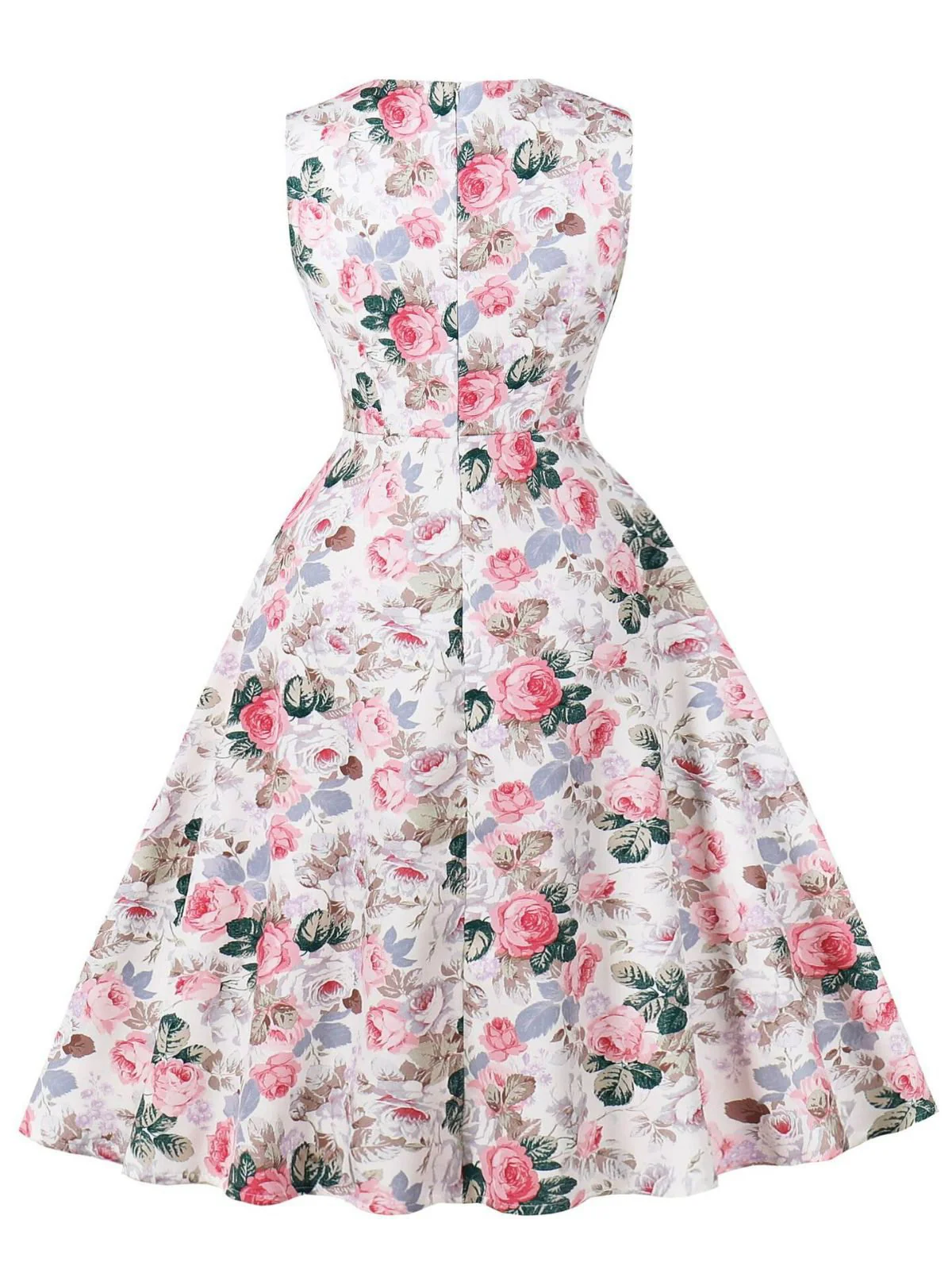 Rosa 1950er Blumen Bogen Herzförmiger Hals Swing Kleid - Image 2