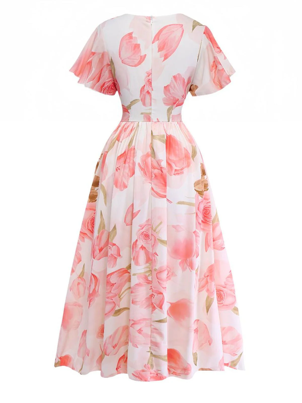 Rosa 1950er Blumen Druck V-Ausschnitt Puffärmel Maxi Kleid - Image 2