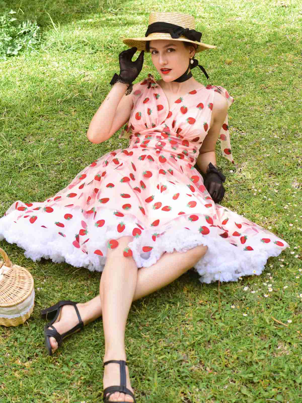 Rosa 1950er Erdbeer Netz Swing Kleid - Image 2