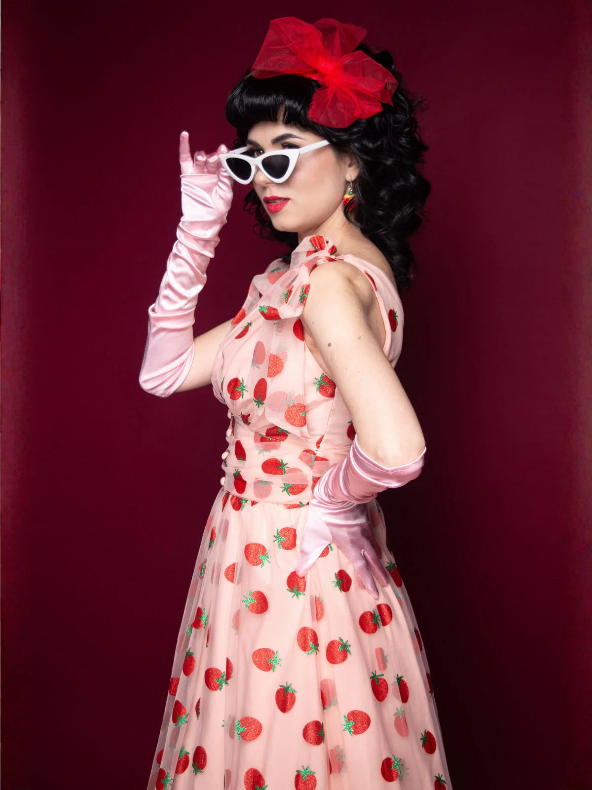 Rosa 1950er Erdbeer Netz Swing Kleid - Image 2