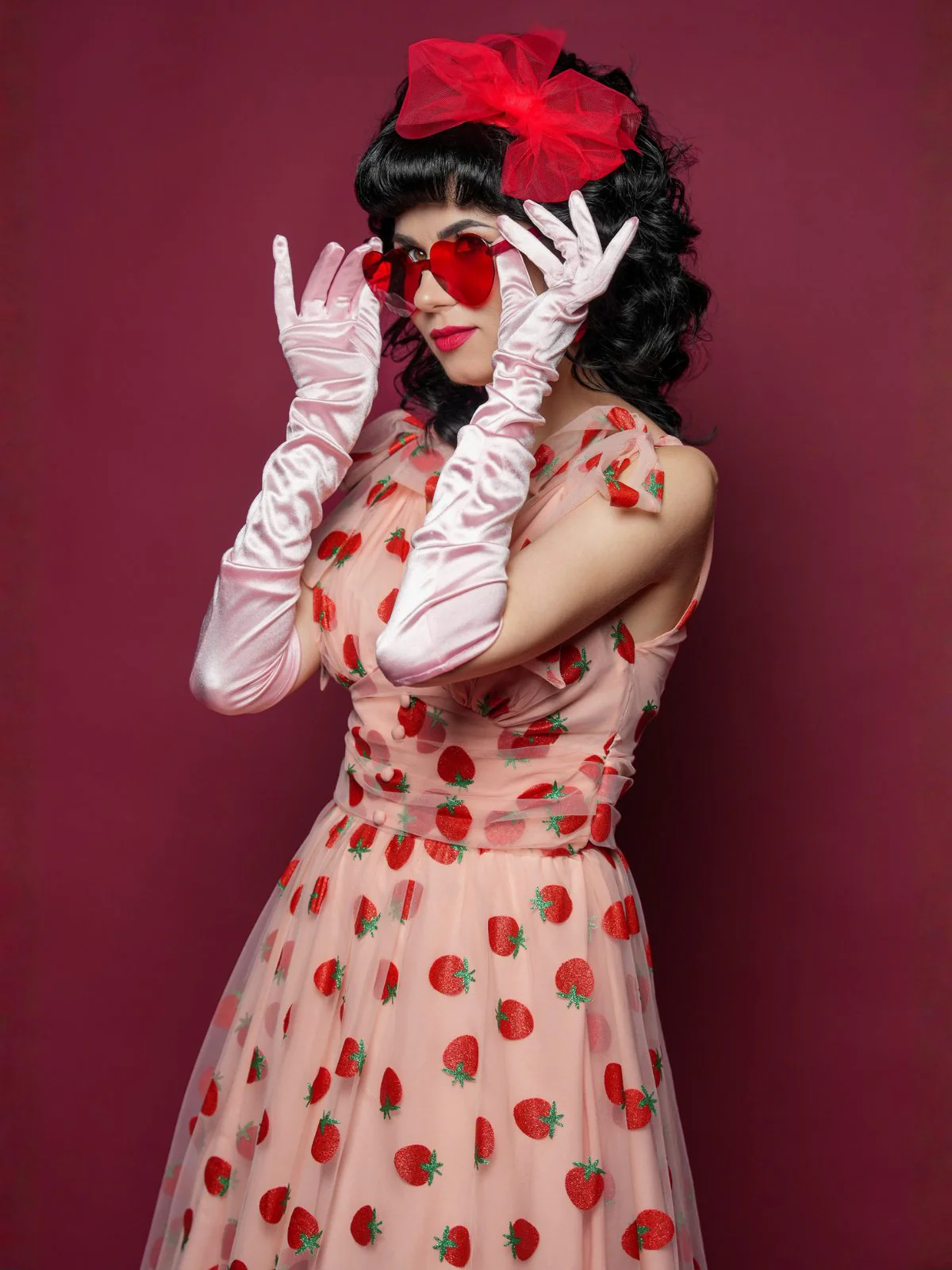 Rosa 1950er Erdbeer Netz Swing Kleid - Image 3