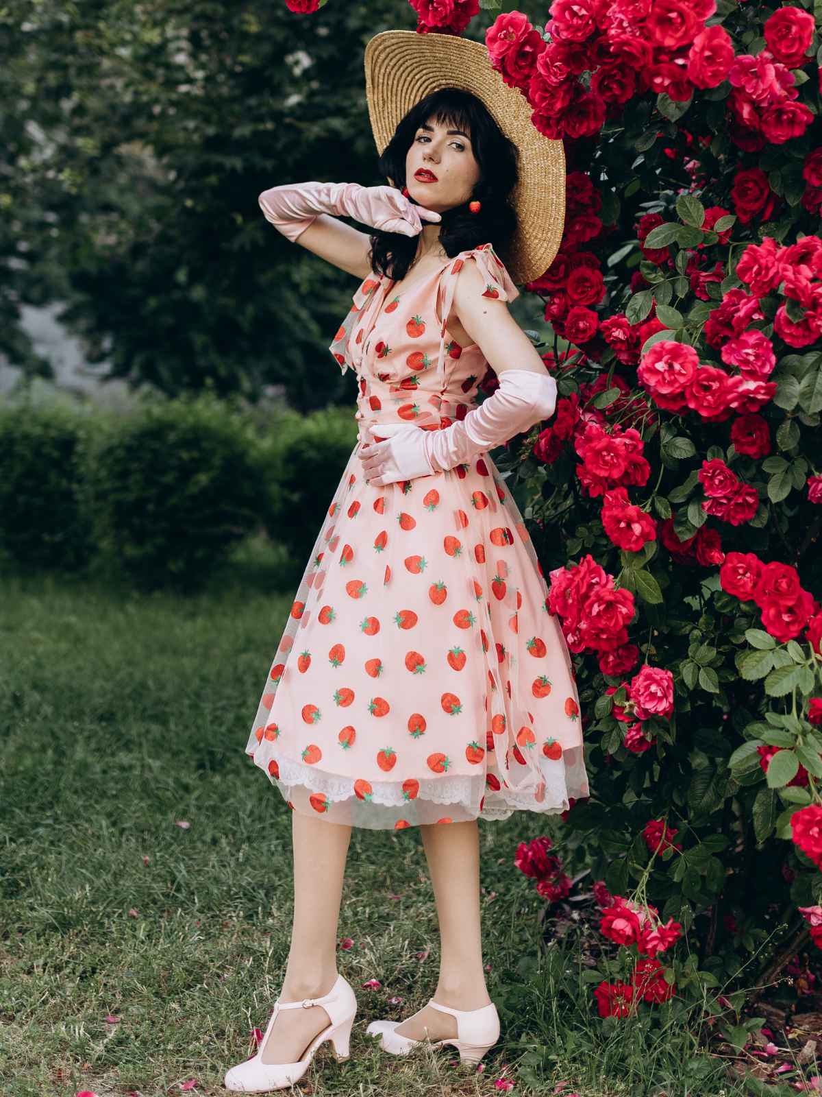 Rosa 1950er Erdbeer Netz Swing Kleid - Image 2