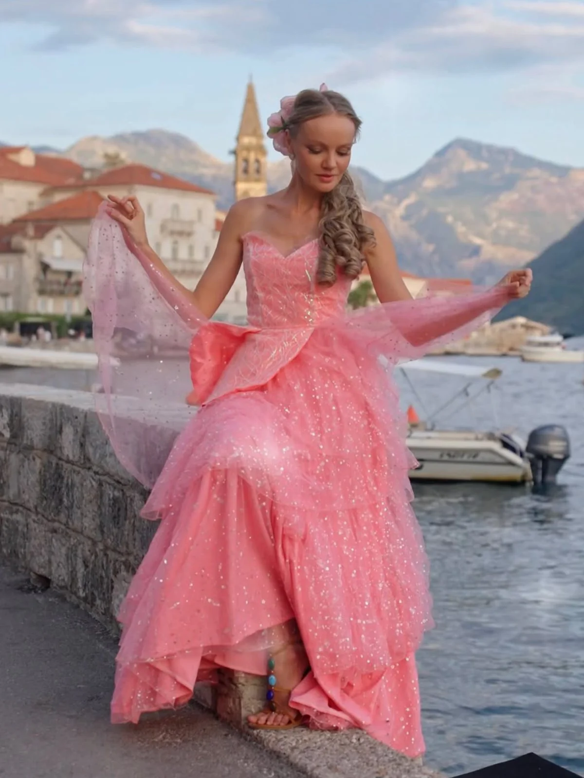 Rosa 1950er Glinda Wicked Glitter Netz Swing Kleid