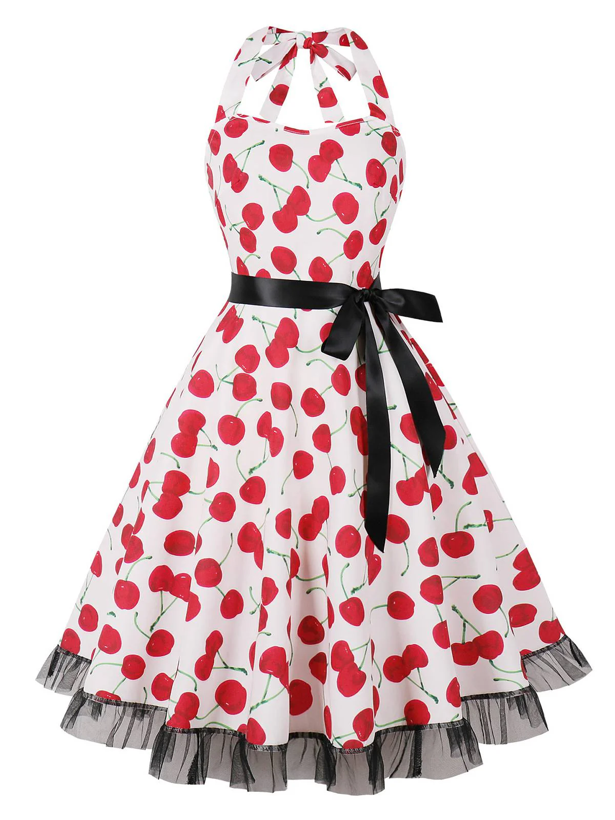 1950er Halter Kirsche Spitzensaum Kleid - Image 4
