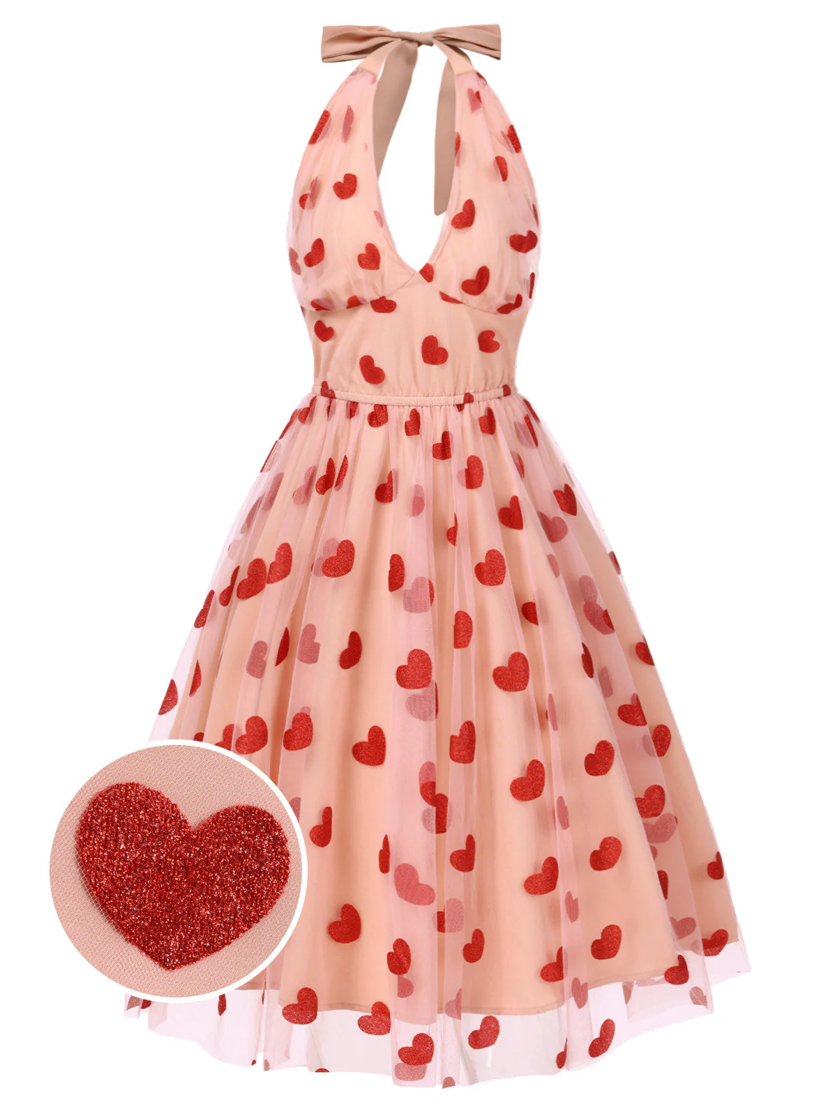 Rosa 1950er Halter Herze Netz Kleid