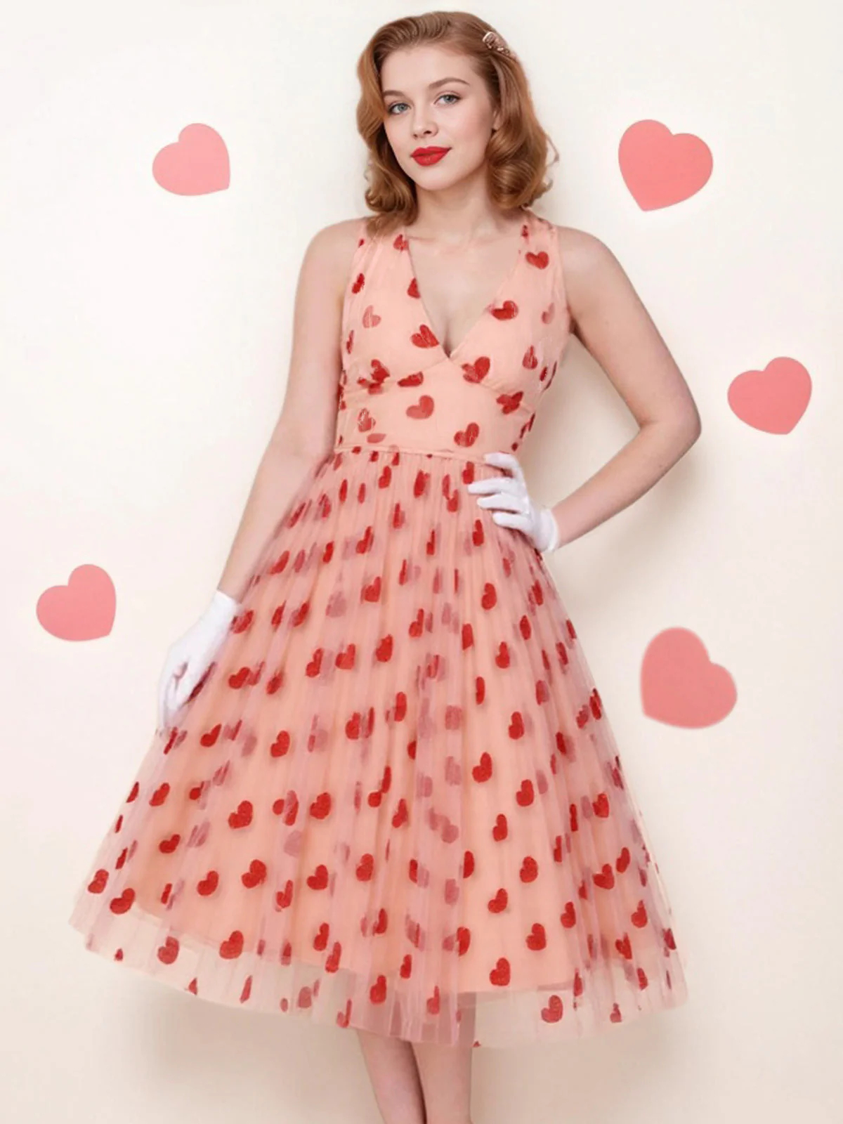 Rosa 1950er Halter Herze Netz Kleid - Image 2