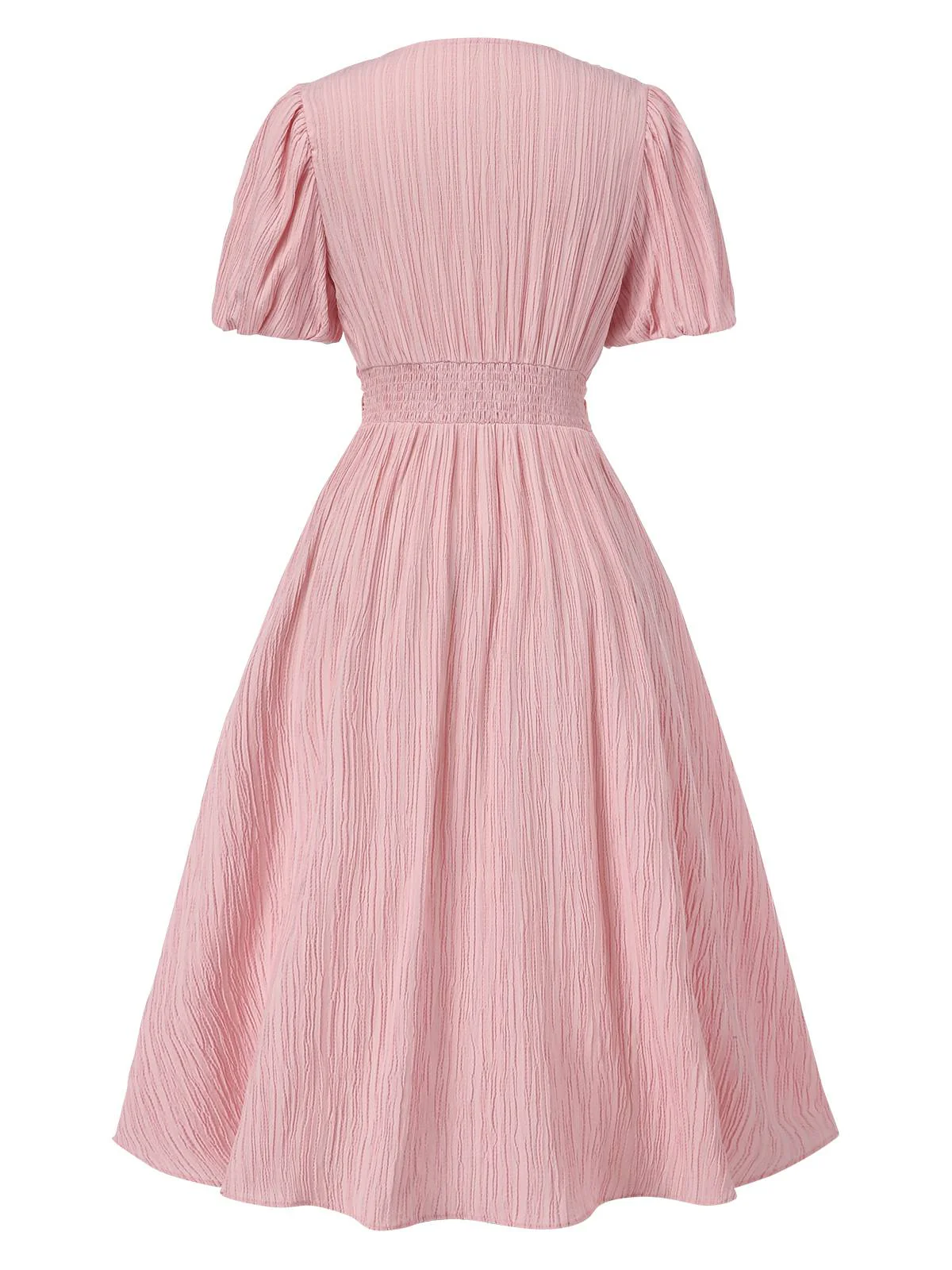 Rosa 1950er Nadelstreifen V-Ausschnitt Puffärmel Gerüschtes Kleid - Image 2