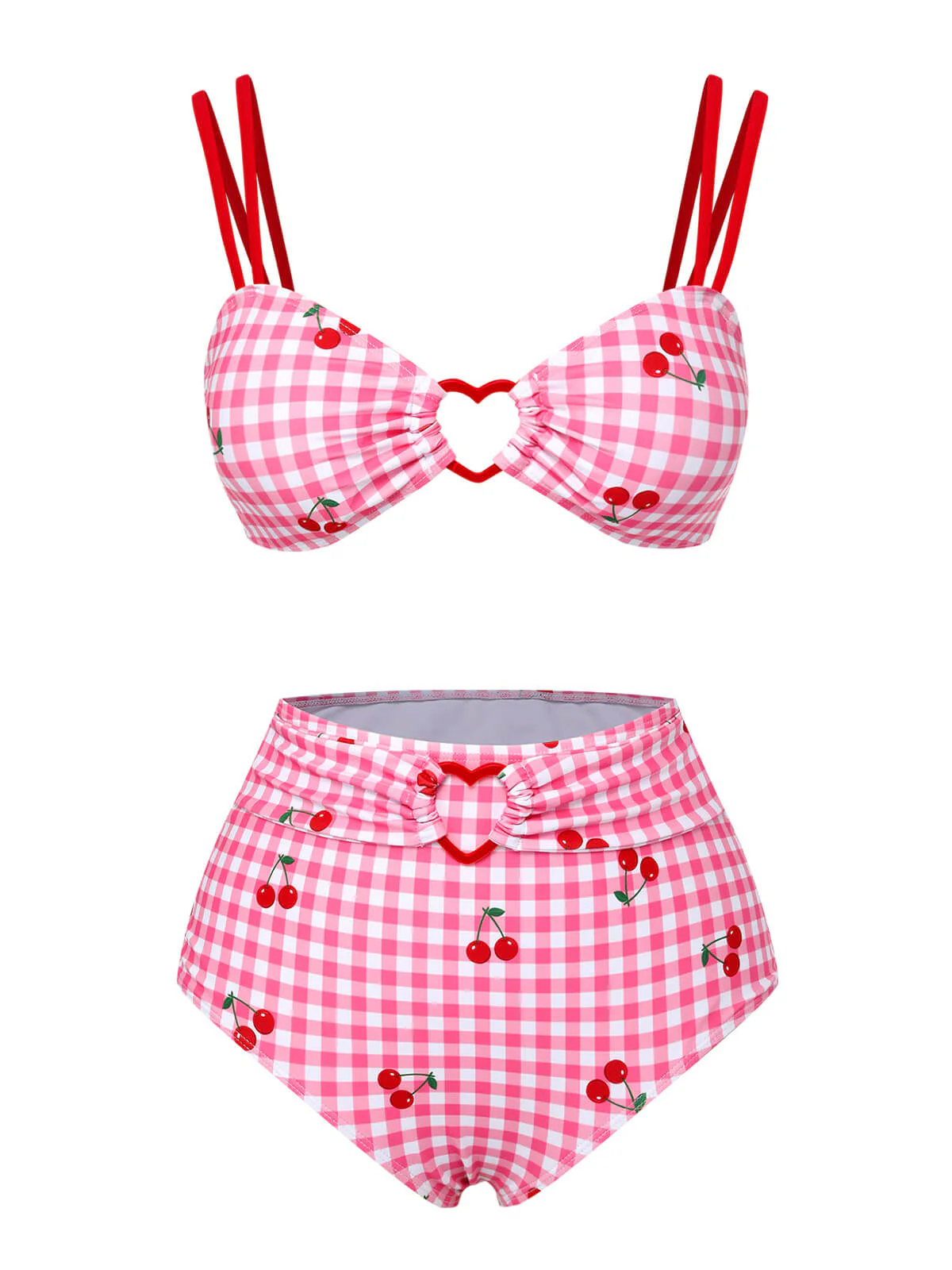 Rosa 1950er Plaid & Kirsche Träger Badeanzug - Image 2