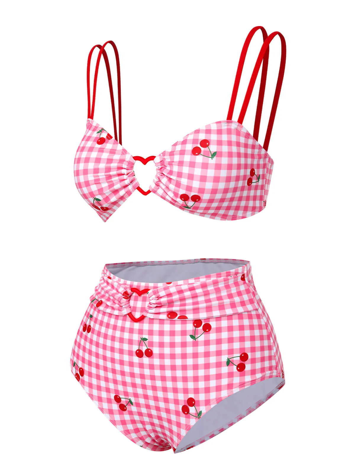 Rosa 1950er Plaid & Kirsche Träger Badeanzug - Image 3
