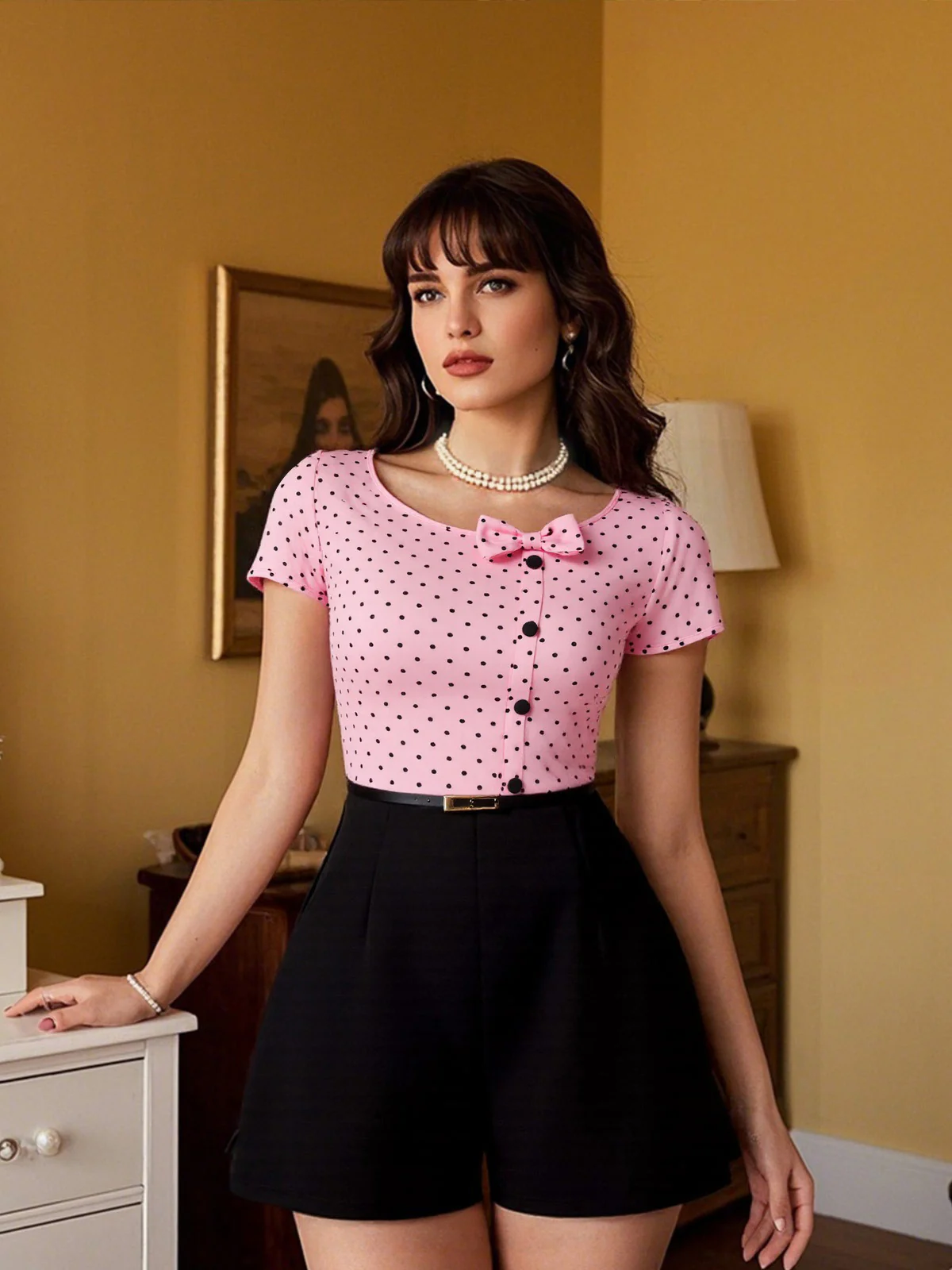 Rosa 1950er Polka Dot Bogen Romper - Image 3
