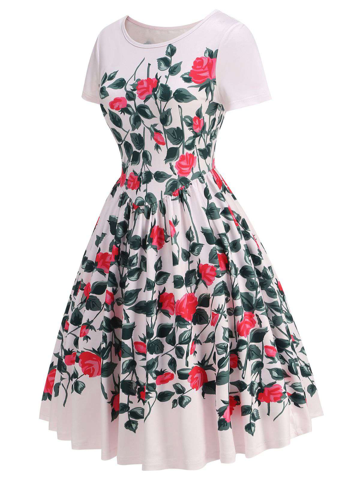 Rosa 1950er Rose & Grün Blatt Swing Kleid - Image 3