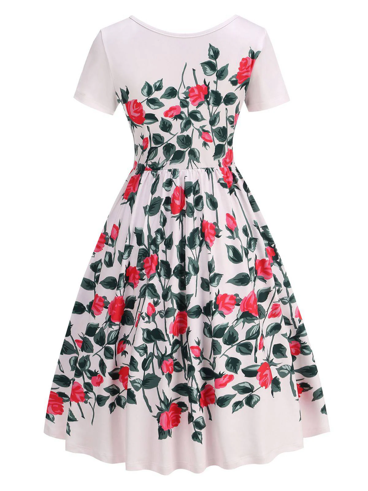 Rosa 1950er Rose & Grün Blatt Swing Kleid - Image 4